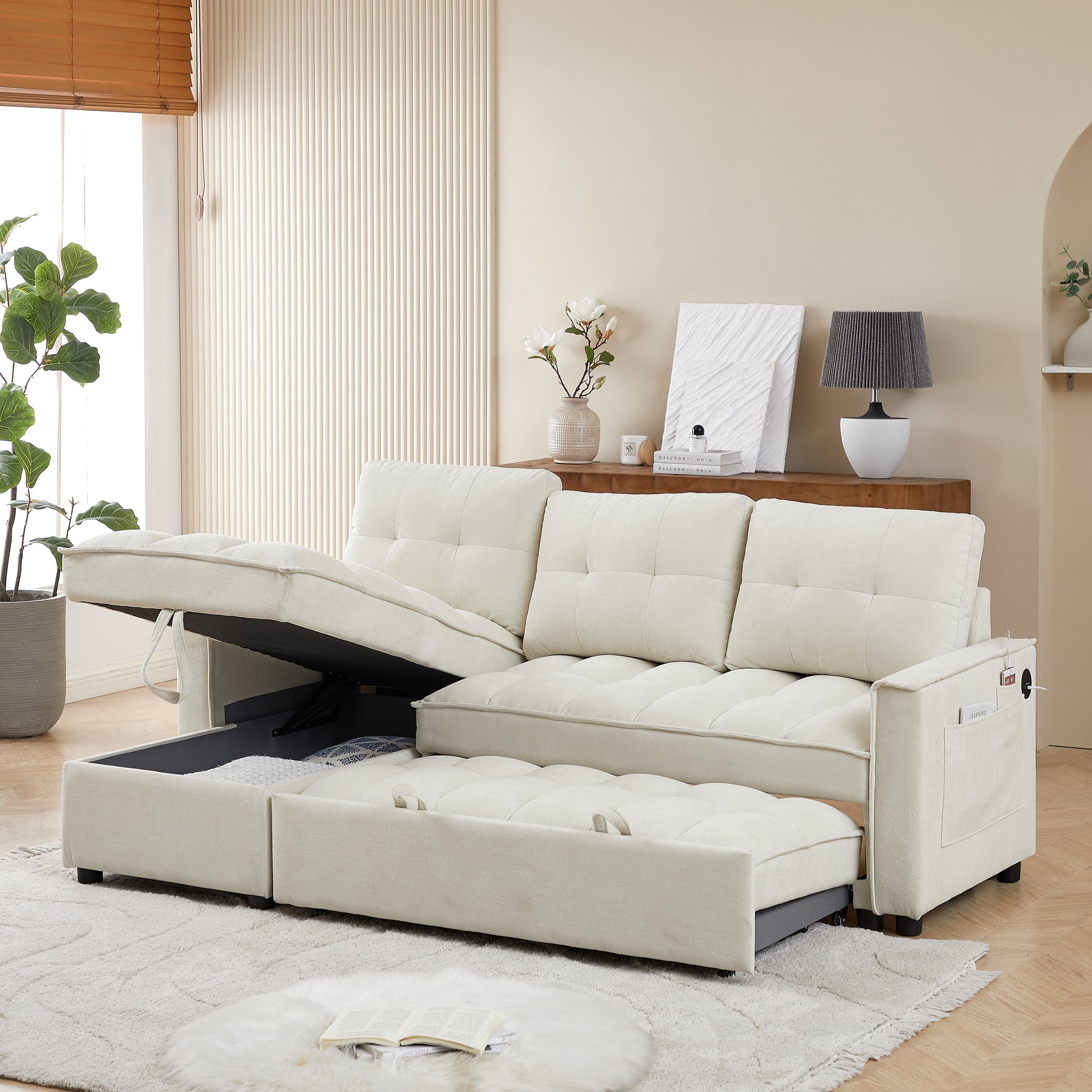 Mh 78.75" Reclining Sofa, Pull Out Sofa Bed With Usb And Tape C Charging Ports, L Shaped Sectional Sofa With Reclining Storage And Arm Side Organizer Pocket Features, Living Room Comfort Sofa Beige