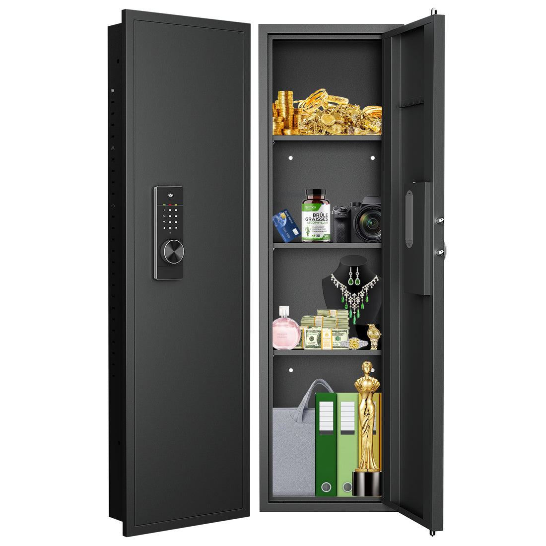 Didital Touch Panel In Wall Safe,Hidden Wall Safe For Rifles And Pistols With Adjustable Shelves,Assembled Storege Safe For Firearm And Valuables Black Digital Black Steel