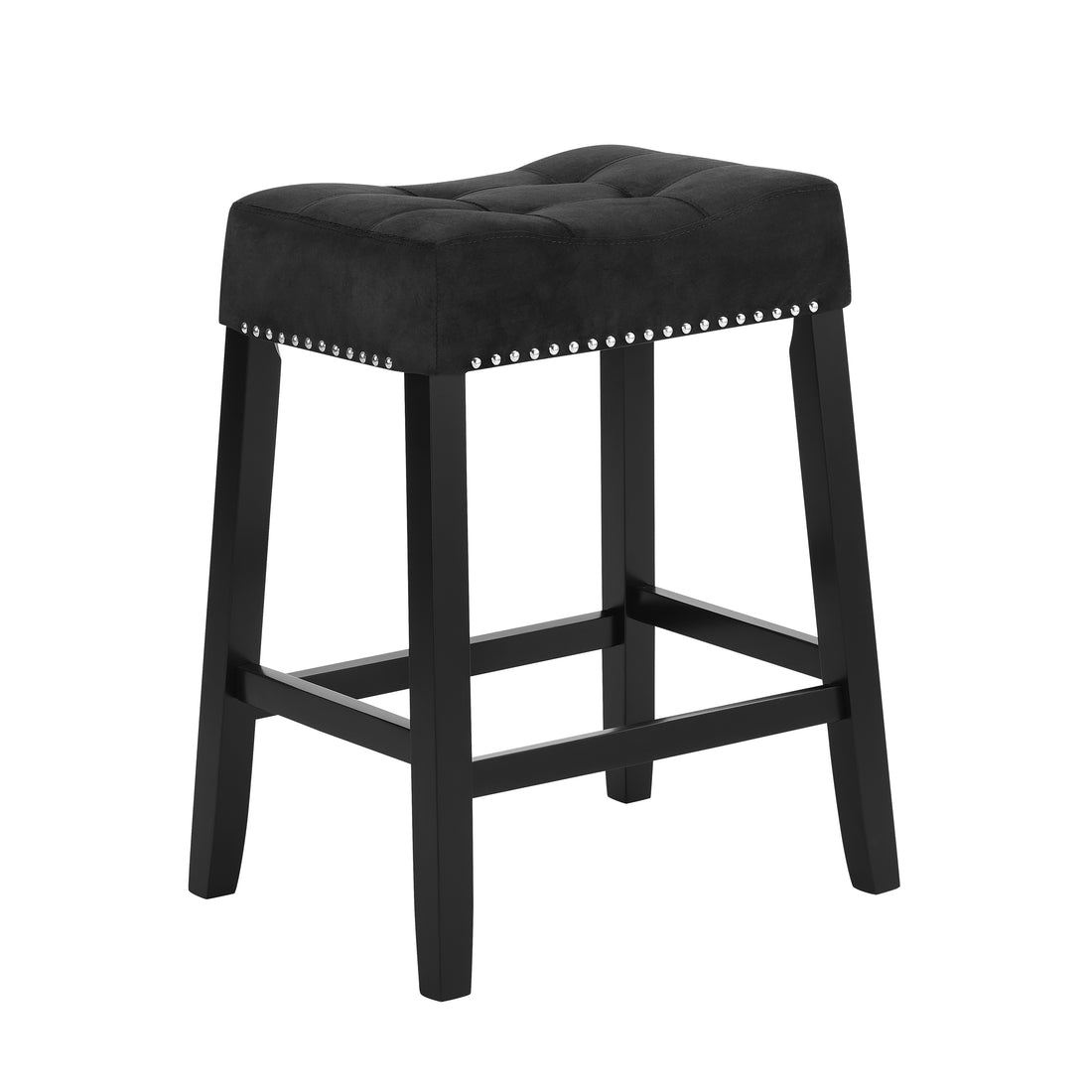 2Pc Black Saddle 27" Counter Stool Modern Style Kitchen Bar Black Velvet Finish Upholstered Seat Nail Head Trim Black Dining Room Contemporary,Modern Fabric,Wood