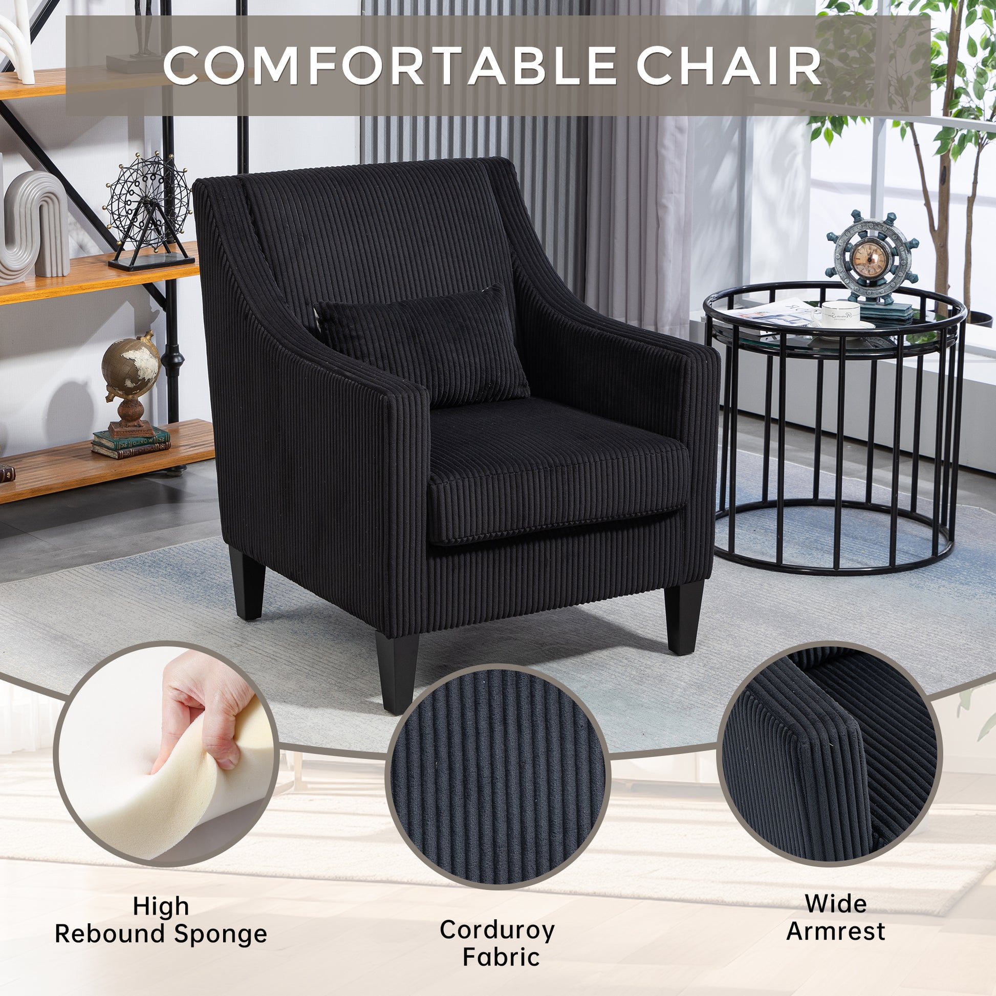 Coolmore Modern Accent Chair,Upholstered Armchair With Scooped Arms For Bedroom,Apartment,Studio,Office,Waiting Room Black Corduroy Black Primary Living Space Foam Corduroy