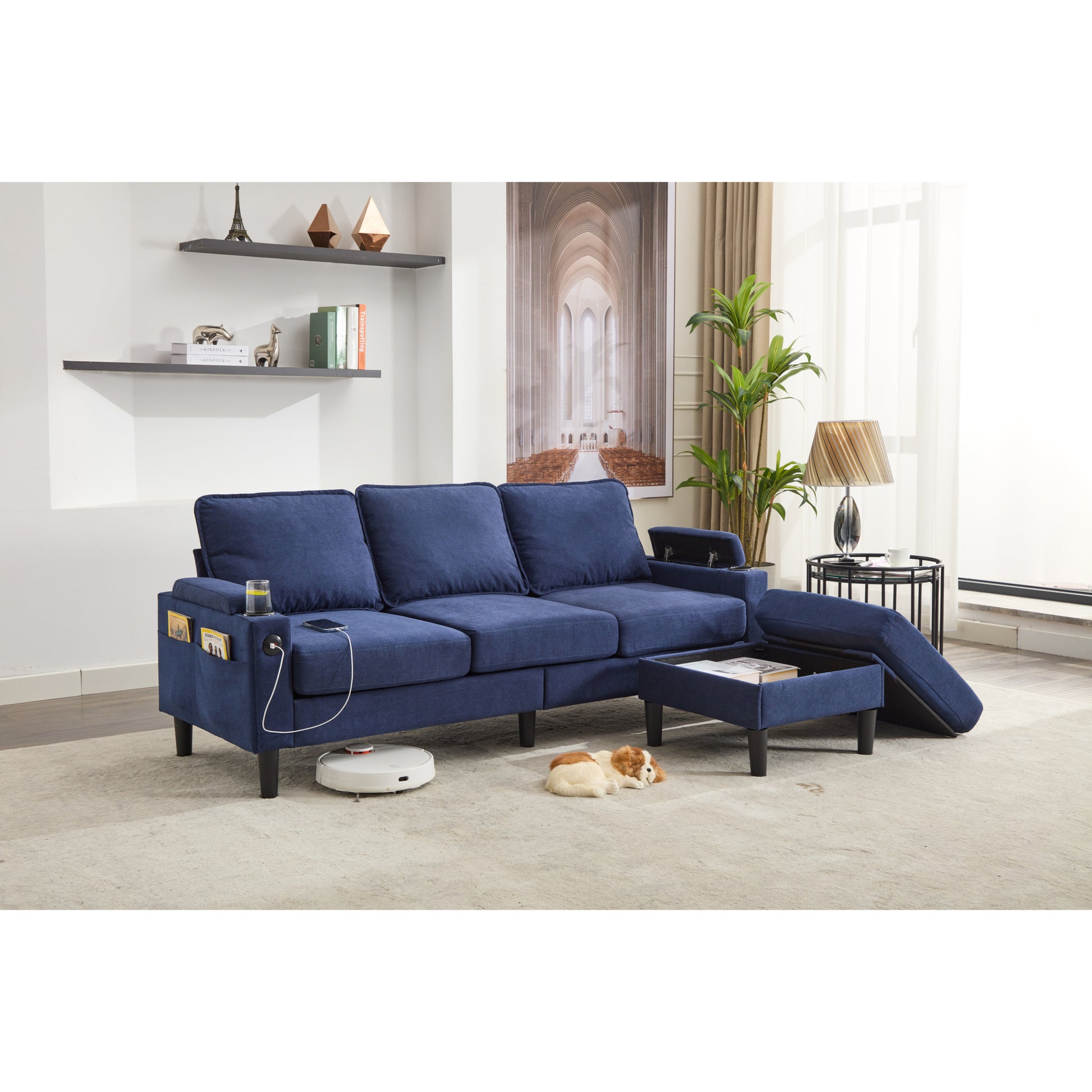 Blue Color Knock Down 3 Seat Combo Sofa With Storage Ottoman For Living Room Apartment Bedroom And Compact Room,Room, Upholstered Sectional Couch, L Shaped Bench With A Footrest, A Individual Stool White Wood Primary Living Space Heavy Duty Pine 3 Seat