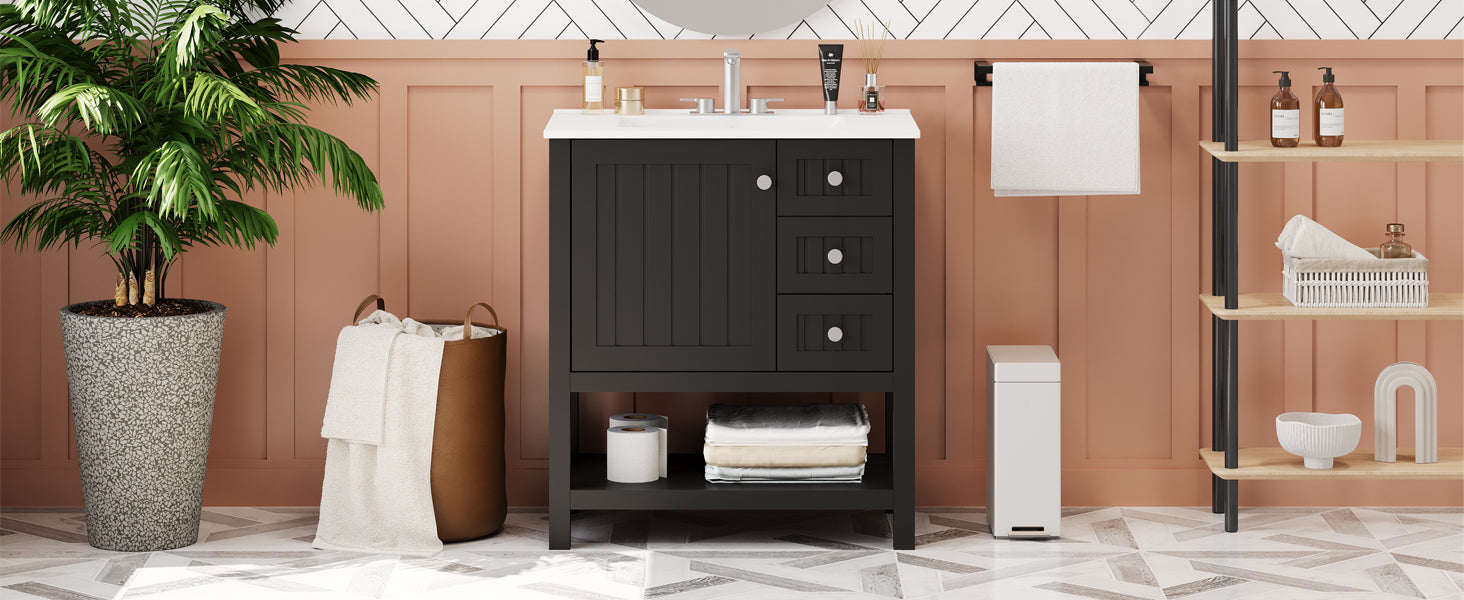 30Inch Transitional Style Bathroom Vanity Cabinet Combo With Ceramic Sink,Soft Close Door Black Bathroom Solid Wood Mdf