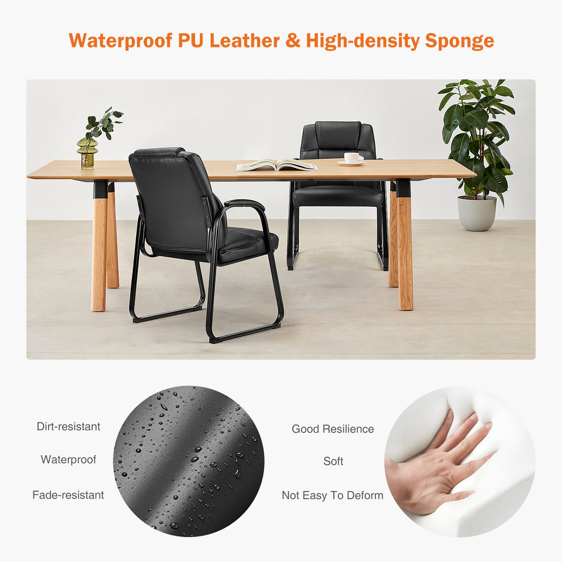 Leather Office Guest Chair No Wheels, Comfy Padded Arms And Seld Base, For Reception Conference Room Black Stainless Steel