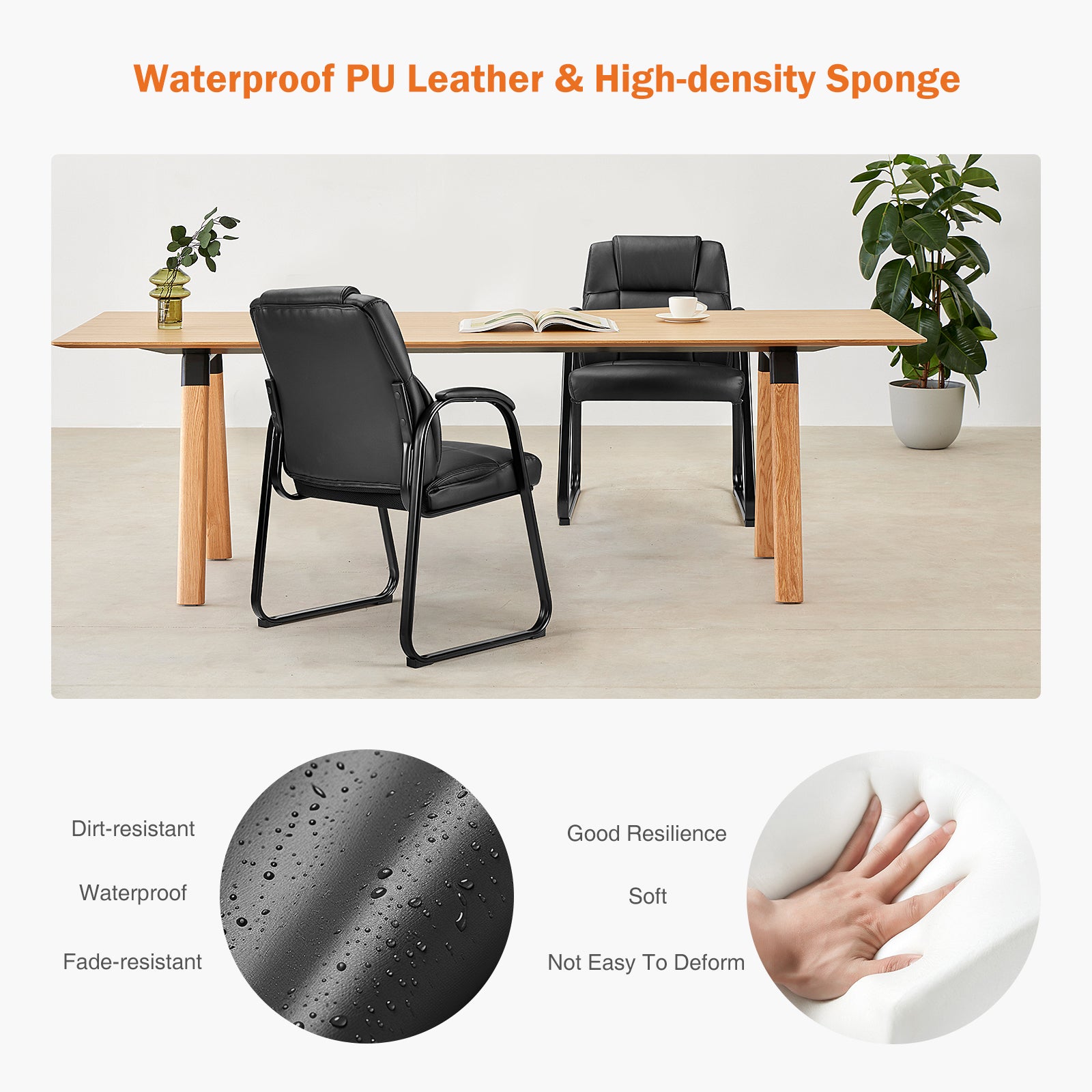 Leather Office Guest Chair No Wheels, Comfy Padded Arms And Seld Base, For Reception Conference Room Black Stainless Steel