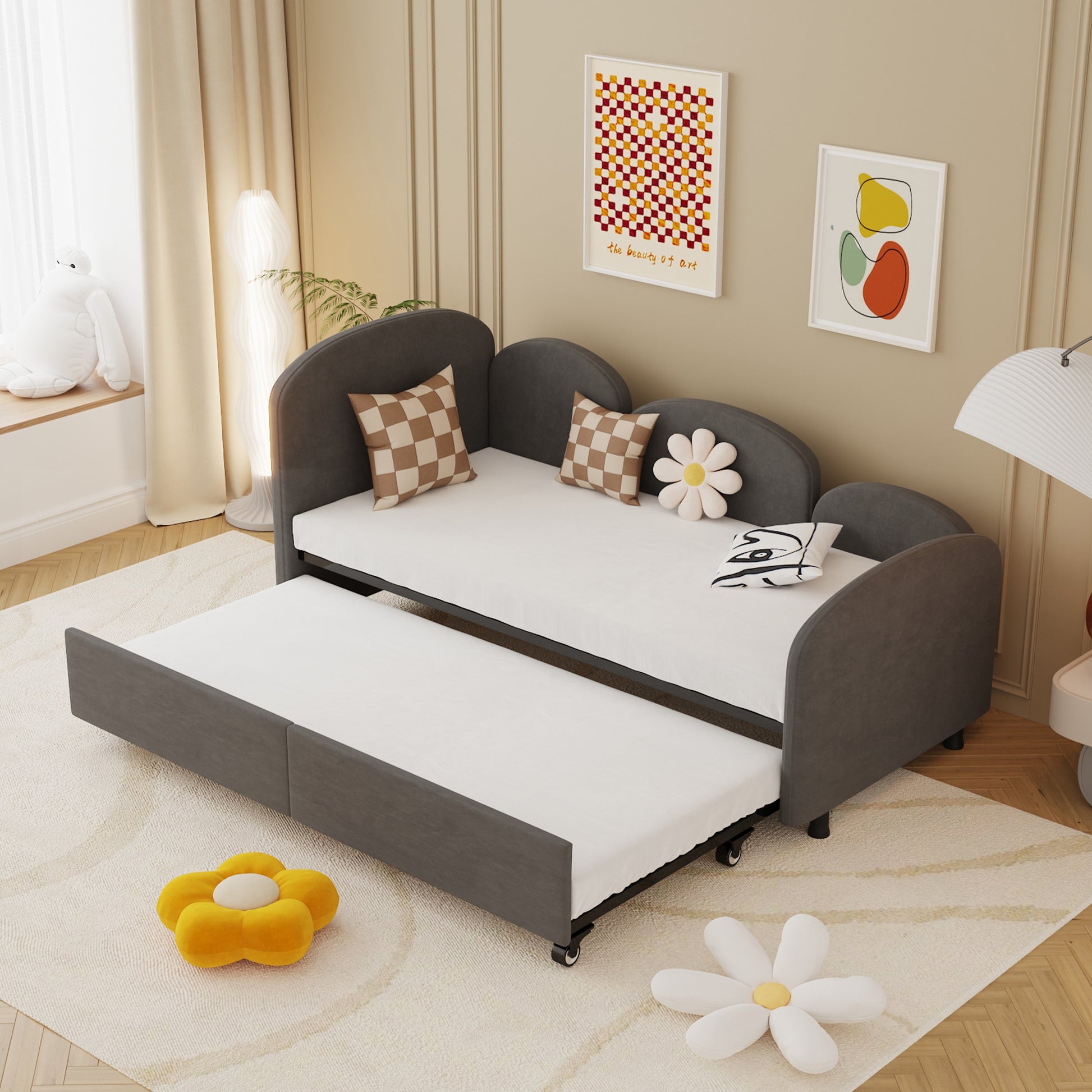 Twin Size Twin Size Bed Frames With An Another Bed Frame, Velvet Upholstered Daybed, Modern Sofa Bed Daybed Frame For Bedroom Living Room, Suitable For Living Room, Kids Room, Bedroom Ddry Gray Dark