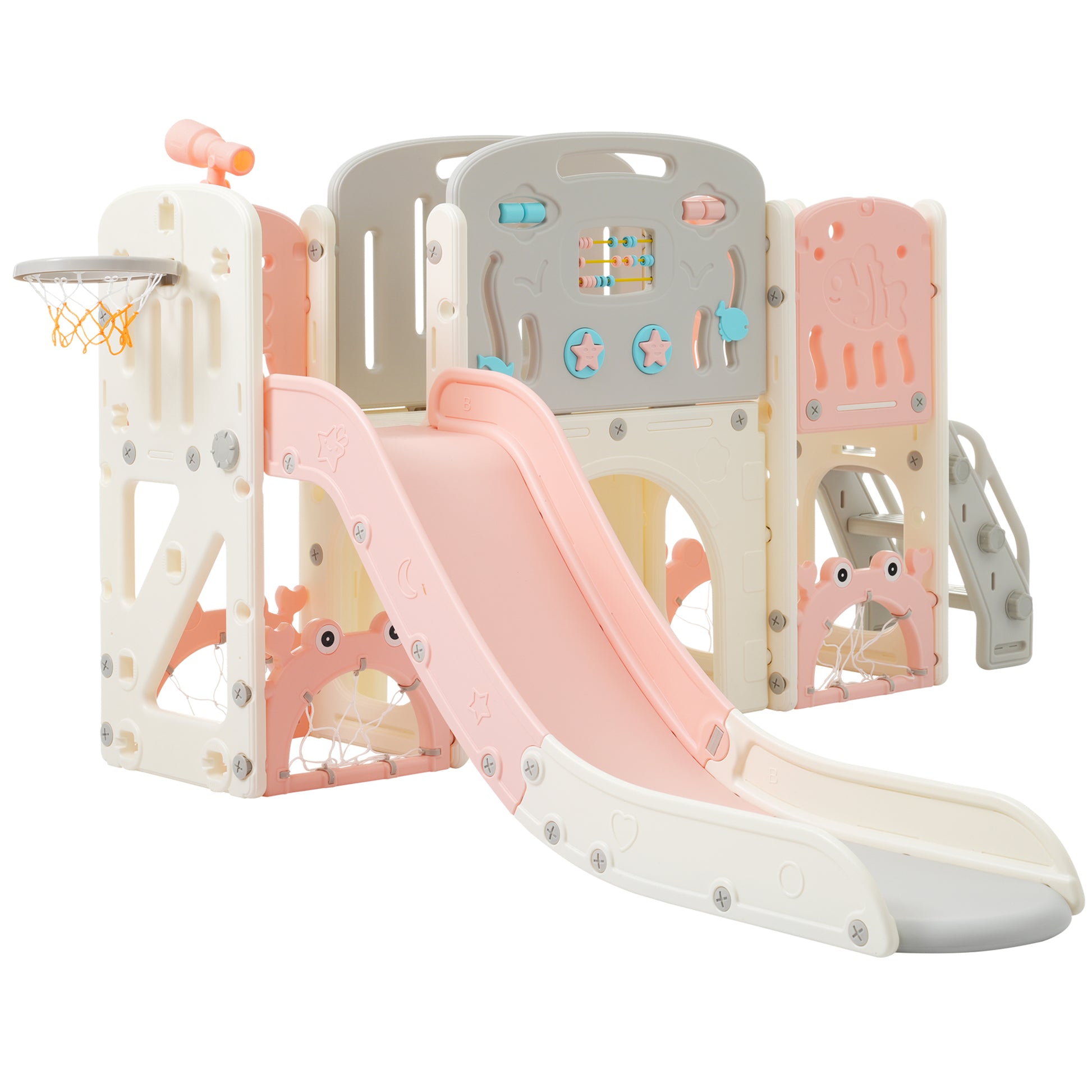 11 In 1 Toddler Slide, Kids Slide For Toddler Age 1 3 With Basketball Hoop, Kids Slide Playset Structure,Arch Tunnel And Telescope, Toy Storage Organizer For Toddlers, Kids Climbers Playground Pink Cute 1 To 2 Years Hdpe Indoor & Outdoor Use