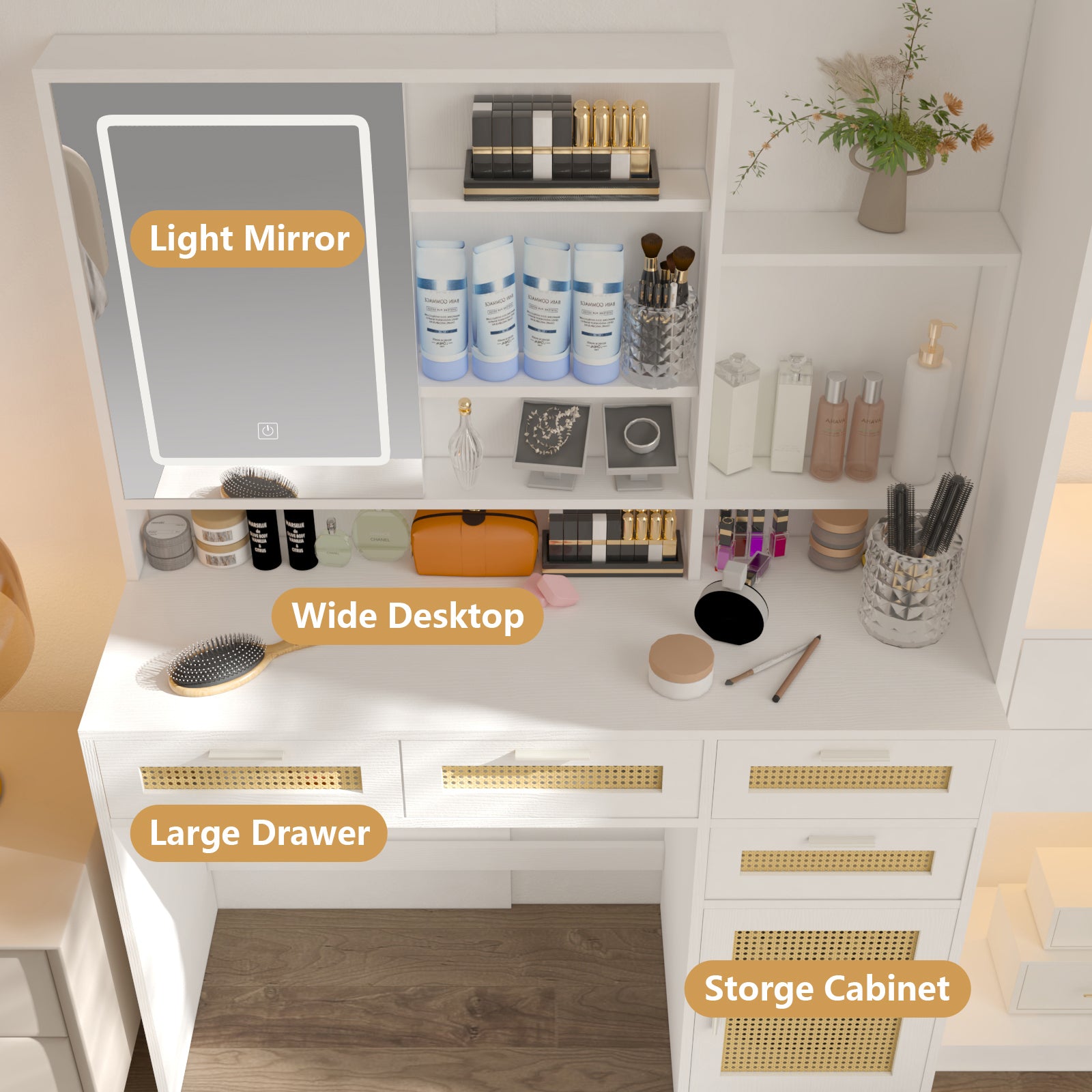 Makeup Vanity With Lights In 3 Colors & Openable Mirror, Vanity Desk With 4 Drawers & 1 Cabinets & Shelves, Vanity Table Rattan Vanity Dresser, For Bedroom Sliding White Drawer 3 Drawers Bedroom Extra Deep Drawers Mdf