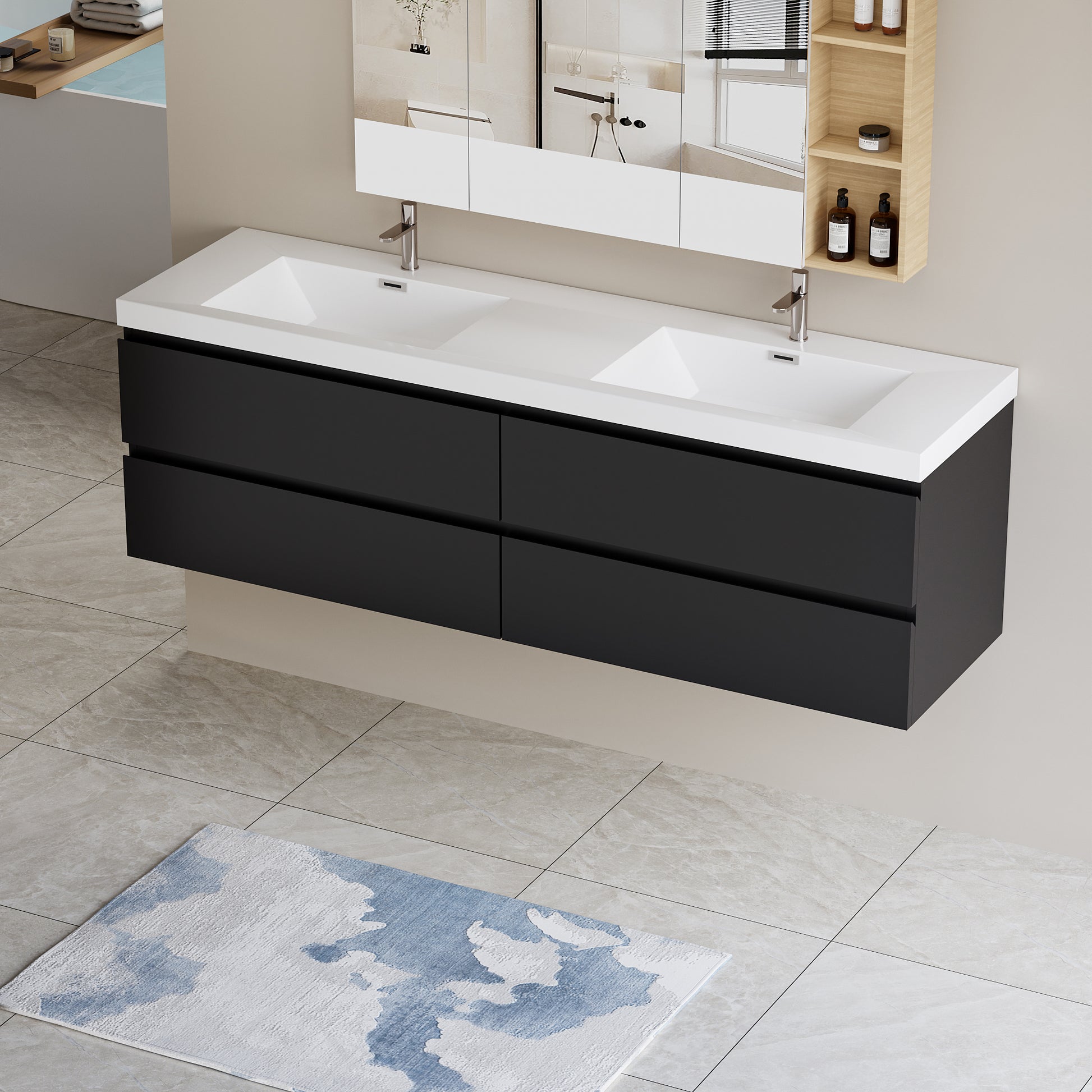 72" Floating Bathroom Vanity With Sink, Modern Wall Mounted Bathroom Storage Vanity Cabinet With 2 Resin Top Basin And 4 Soft Close Drawers, Glossy Black 24V11 72Gb 4 Black Bathroom Wall Mounted