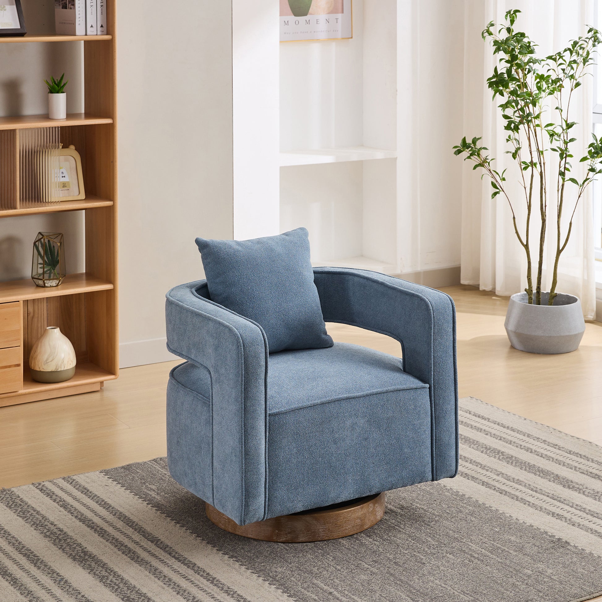 29.1"W Swivel Accent Open Back Chair Modern Comfy Sofa Chair With Weathered Base For Nursery Bedroom Living Room Hotel Office, Club Chair Leisure Arm Chair For Lounge Pale Blue,Linen Blend Blue Linen Blend
