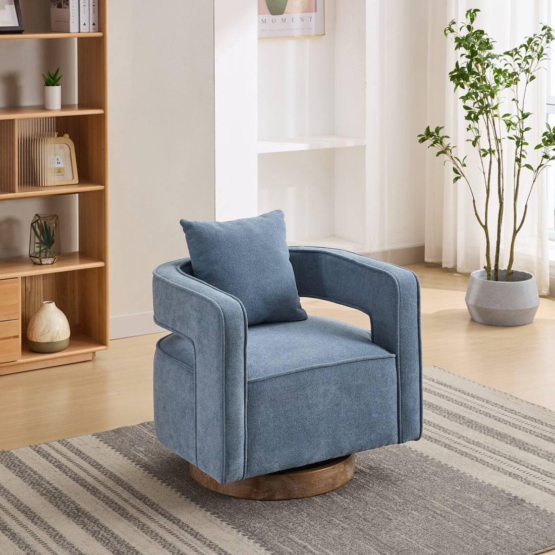 29.1"W Swivel Accent Open Back Chair Modern Comfy Sofa Chair With Weathered Base For Nursery Bedroom Living Room Hotel Office, Club Chair Leisure Arm Chair For Lounge Pale Blue,Linen Blend Blue Linen Blend