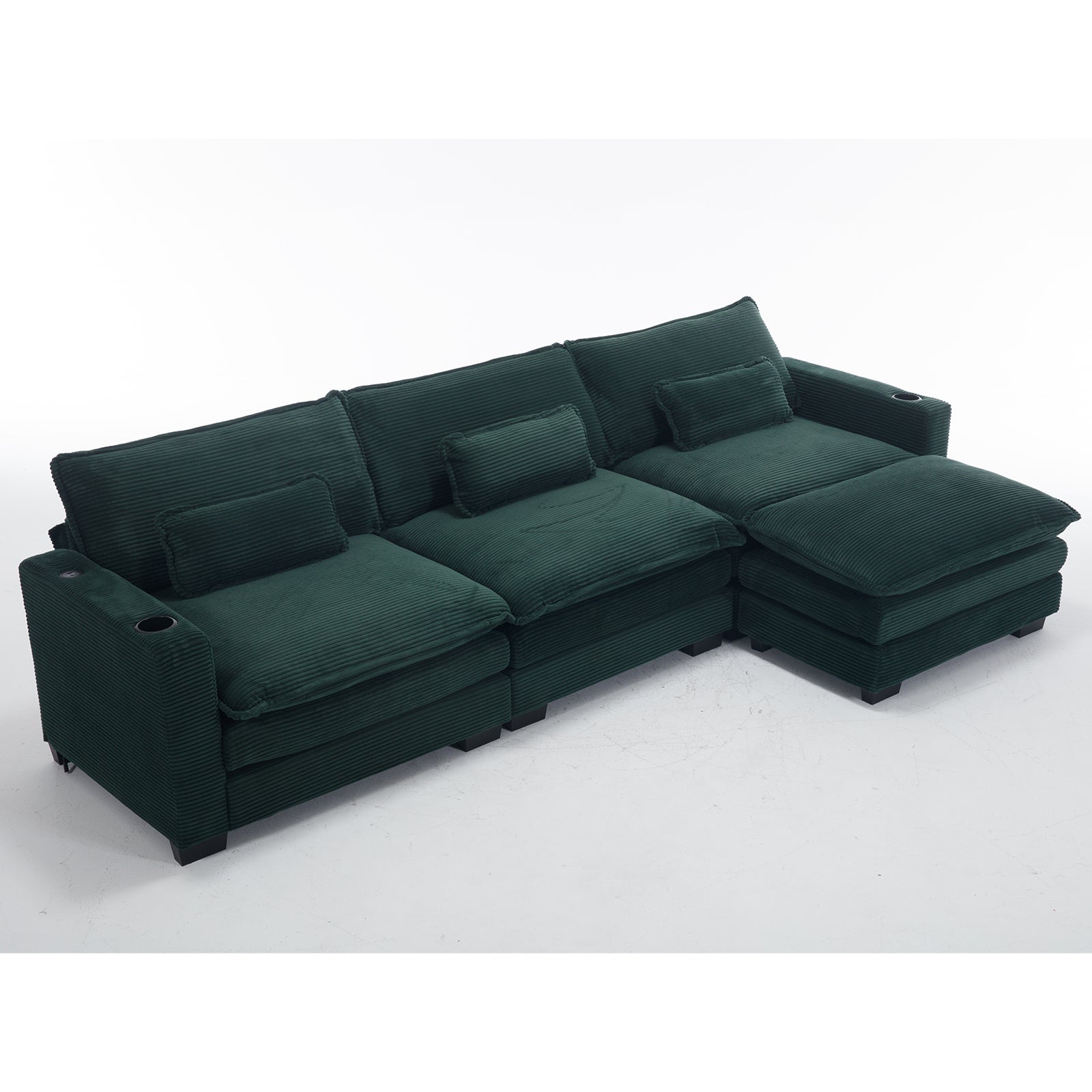 L Shape Sofa Couch With Usb & Cup Holders, Corduroy Stripe Fabric 3 Seater Sofa With 1 Ottoman, Green Green Wood 4 Seat