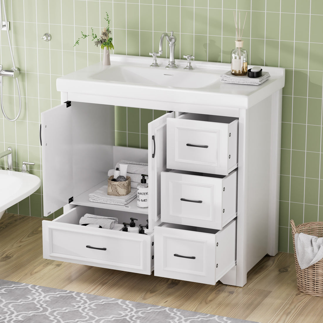 Cabinet Without Basin, 36 Inch Bathroom Cabinet, Bathroom Sink Cabinet With 2 Closing Doors And 4 Drawers. White Color, 35.8''W X 19.7''D X 35.4''H.Cabinet Only White Particle Board Mdf