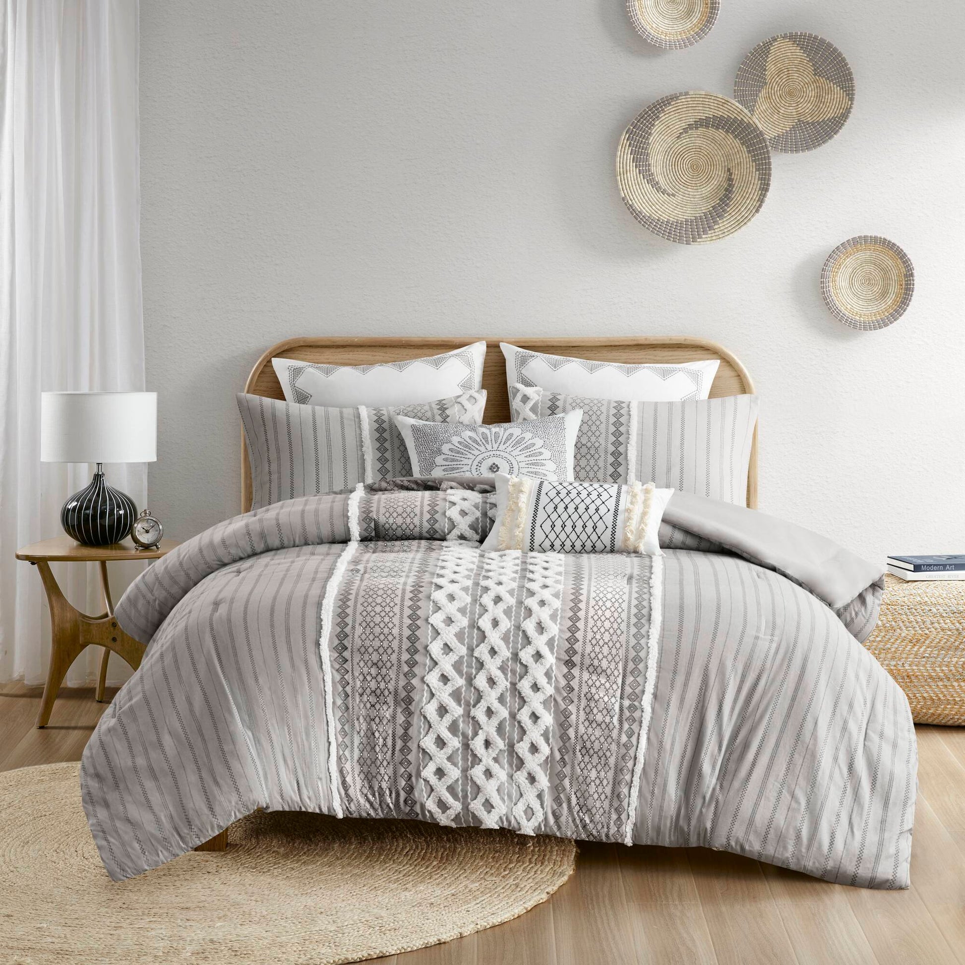 Cotton Printed Comforter Set With Chenille Gray King Cal King King Gray Cotton