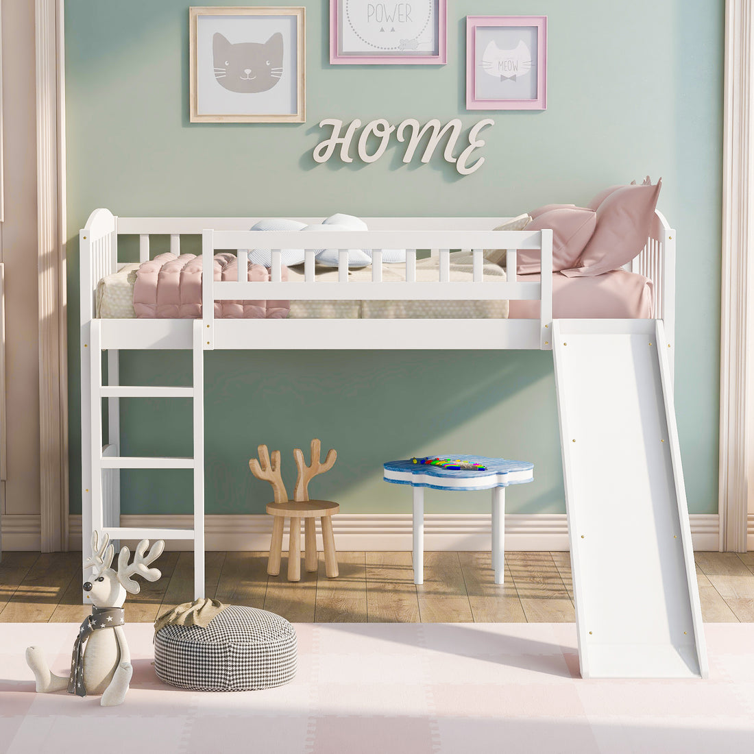 Twin Size Loft Bed With Slide And Ladder, White Old Sku: Lt000504Aak White Solid Wood