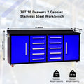 7Ft Storage Cabinets With Workbench 10 Drawers & 2 Cabinets Blue Blue Steel