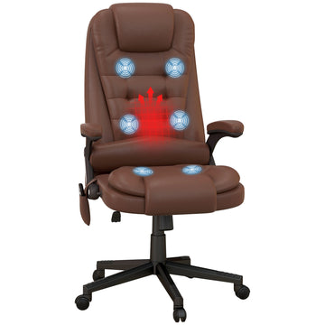 Homcom High Back Vibration Massage Office Chair With 6 Vibration Points, Heated Reclining Pu Leather Computer Chair With Armrest And Remote, Brown Brown Pu