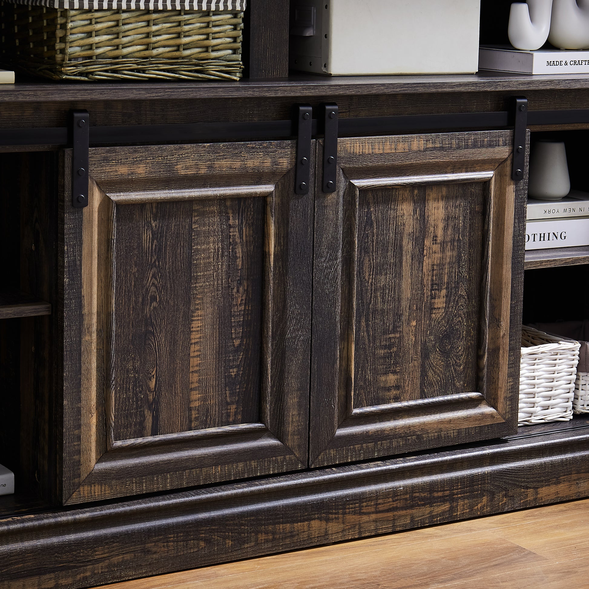 Media Console Table With Storage Cabinet, Mid Century Style Entertainment Tv Table, Multipurpose Sliding Door Tv Cabinet Large Storage Space, 58.11"W*15.79"D*32.36"H Antique Brown Antique Brown Primary Living Space 60 69 Inches 60 69 Inches 60 Inches Mdf