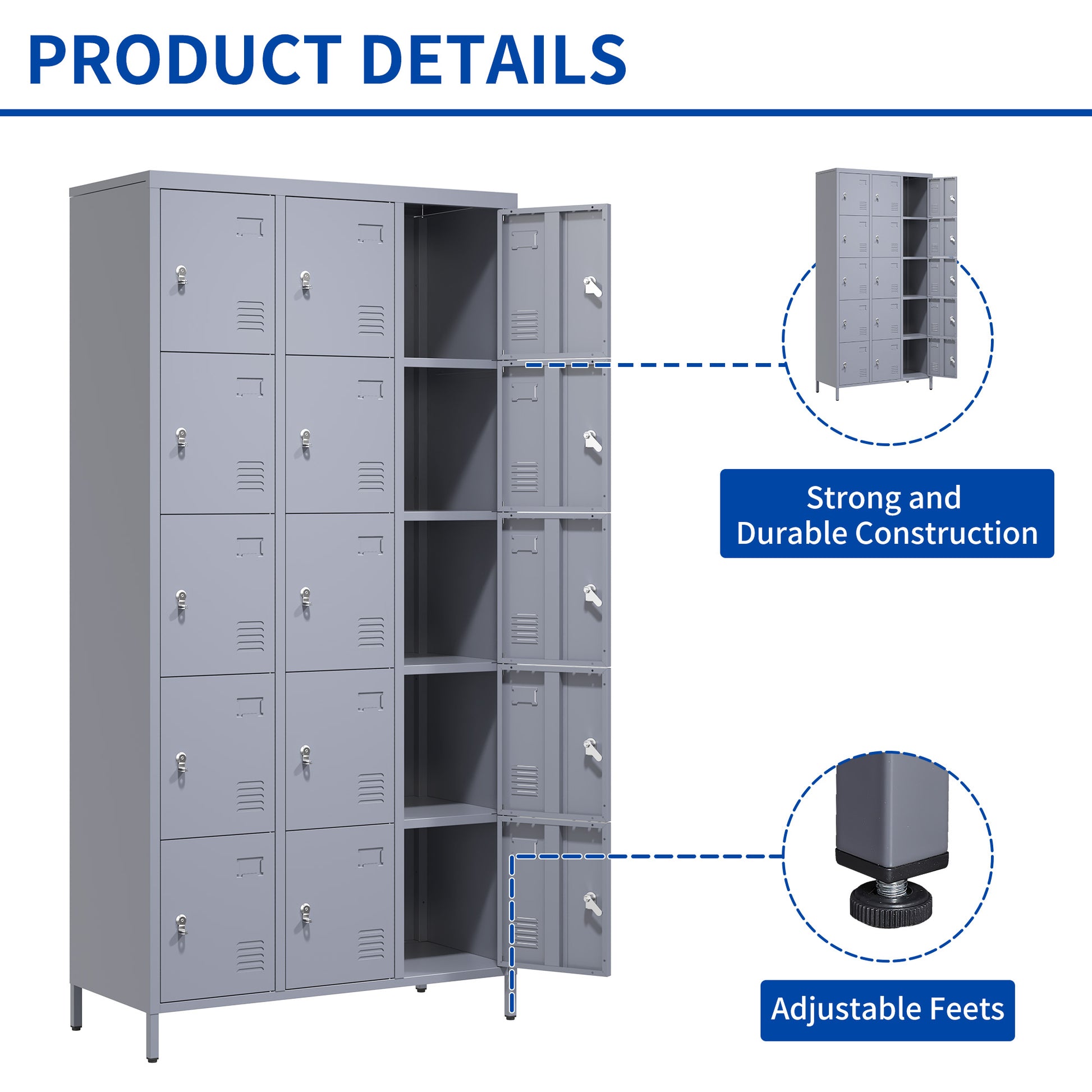 15 Door 72"H Metal Lockers With Lock For Employees,Storage Locker Cabinet For Home Gym Office School Garage,Easy Assembly,Gray 5 Or More Spaces Gray Primary Living Space Door Locks Modern Metal