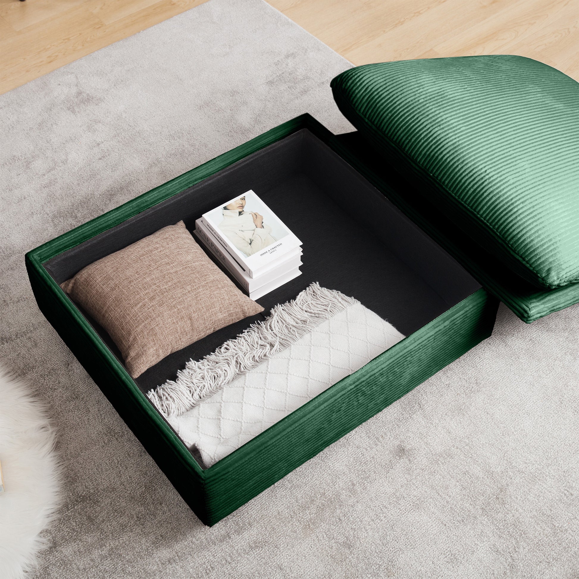 Corduroy Two Seater Sofa With 2 Storage Footrest,2 Seater Sectional Deep Seat Sofa,Comfy Couches For Living Room,Green Sofa Green Corduroy 2 Seat