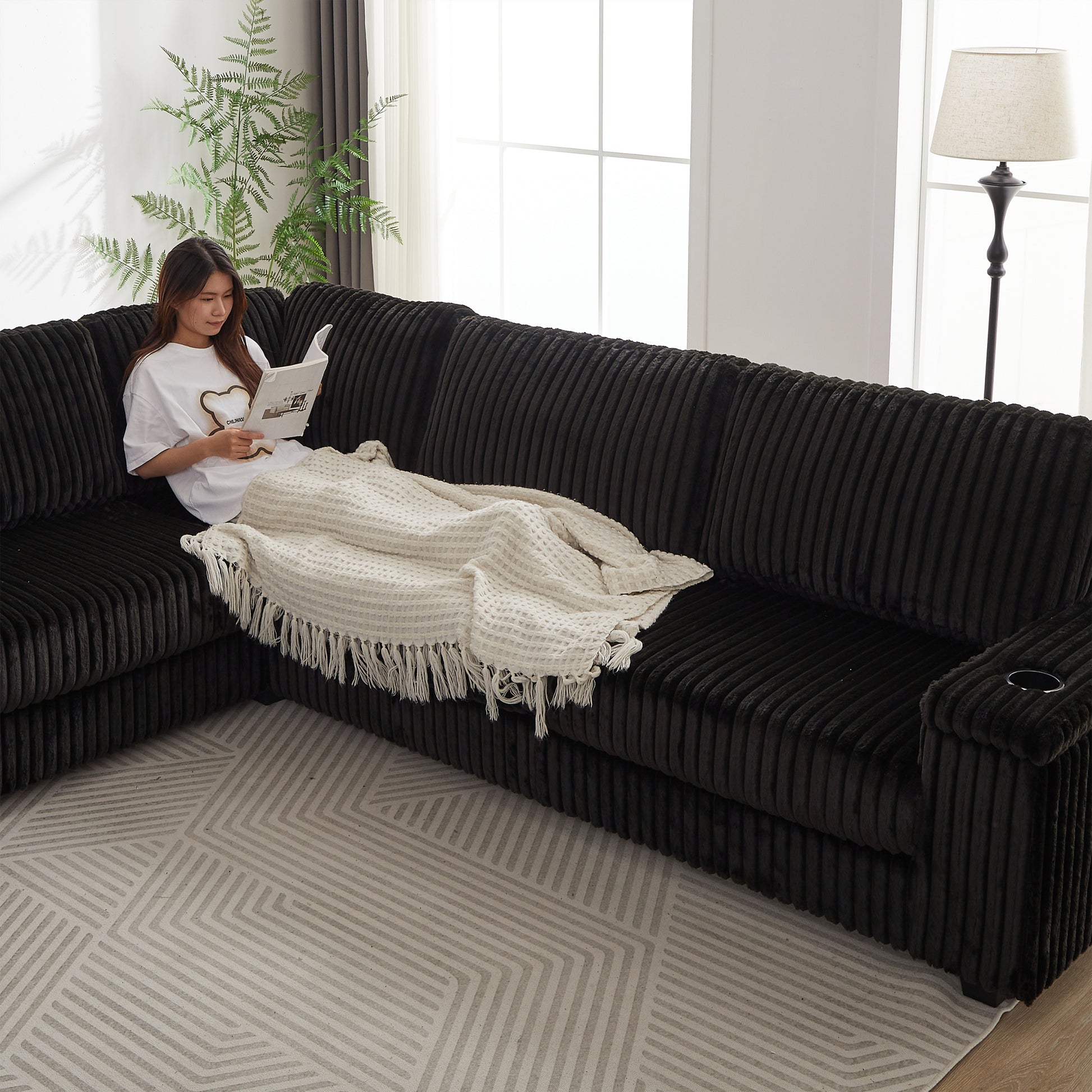 110 Inch Oversized Corduroy Corner Sofa,L Shaped Corner Couch With Two Storage Spaces,Usb Port & T Pyce Port And Cup Holderdeep Seat Comfy Upholstered Couches For Living Room Not Freely Combinable Black Corduroy 5 Seat