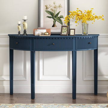 Distinctive Features Of Pine Veneer Console Table With Vertical Stripe Drawer Fronts And Four Legs Navy Blue Primary Living Space Minimalist Mdf