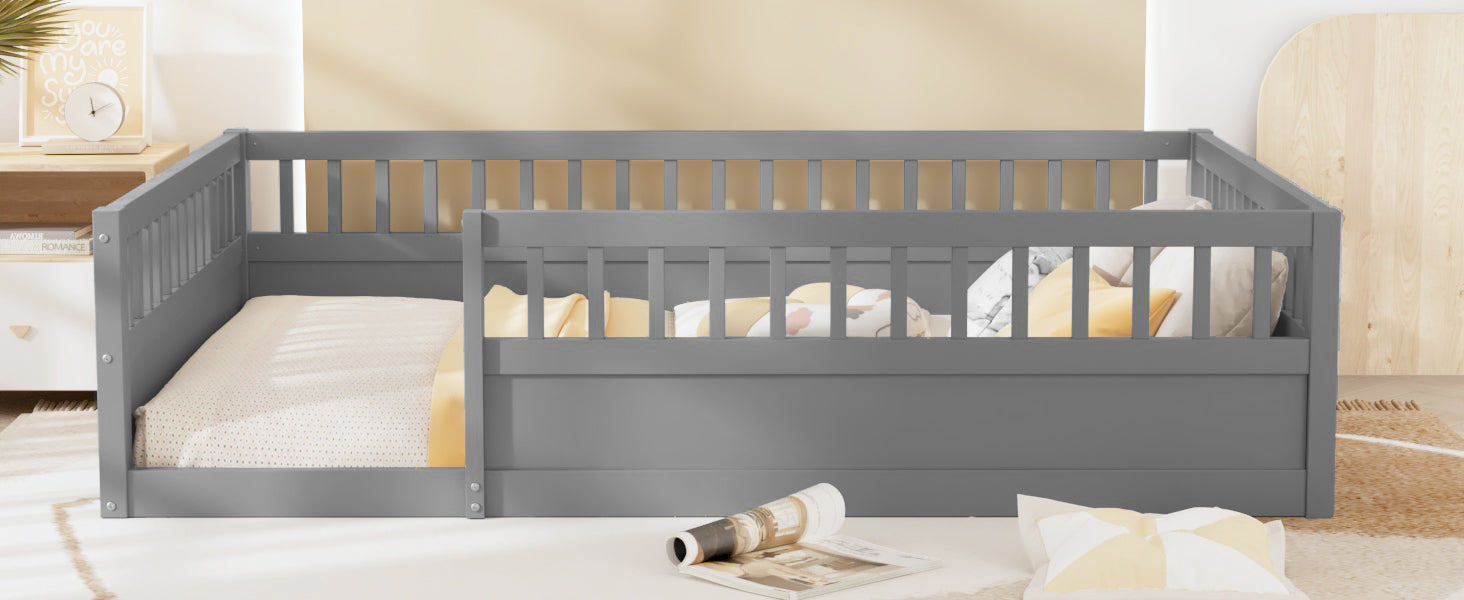 Full Floor Bed Frame With Fence, Wood Kids Floor Beds Frame For Bedroom Playroom,Gray Expect Arrive Date Jul. 10Th Full Grey Pine