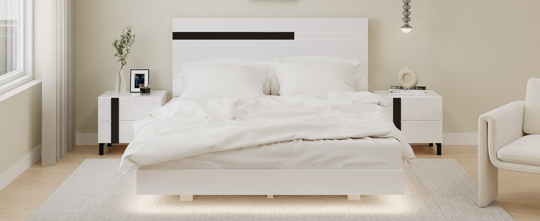 Modern High Gloss 3 Piece Bedroom Set Floating Bed Frame Queen Size Platform Bed With Led Light & 2 Nightstands, White Box Spring Not Required Queen White Wood 3 Piece Set Solid Wood Mdf