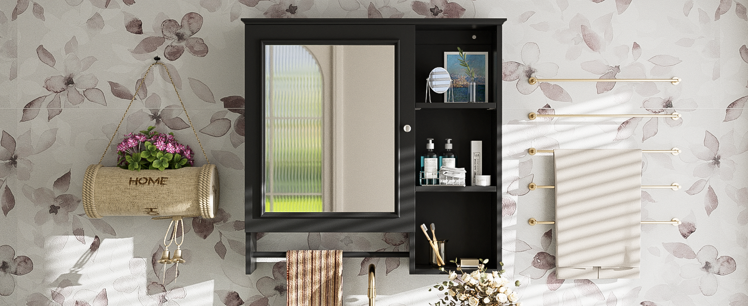 Wall Mounted Bathroom Storage Cabinet, Medicine Cabinets With Large Mirror Door, Adjustable Shelves And Three Open Storage Levels Not Include Bathroom Vanity Black 1 5 Mirror Included Bathroom Wall Mounted Mdf Glass Painted