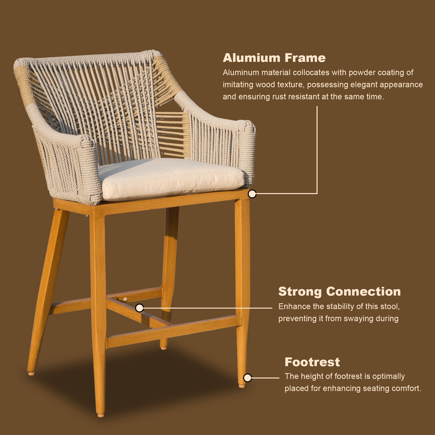 Bar Stools Set Of 2, Outdoor Counter Height Bar Chairs With Arm And Backrest, Aluminum Tall Bar Stools With Cushion Modern Textilene Rope Boho Barstools For Garden, Pool, Patio, Kitchen Square Backres Yes Khaki Garden & Outdoor 2 Person Seating Group