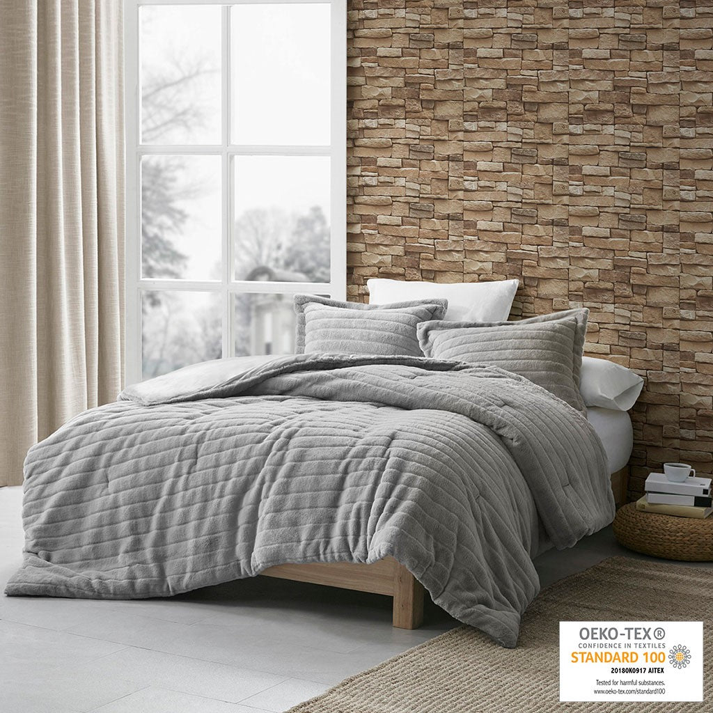 Faux Fur Comforter Set King Grey Polyester