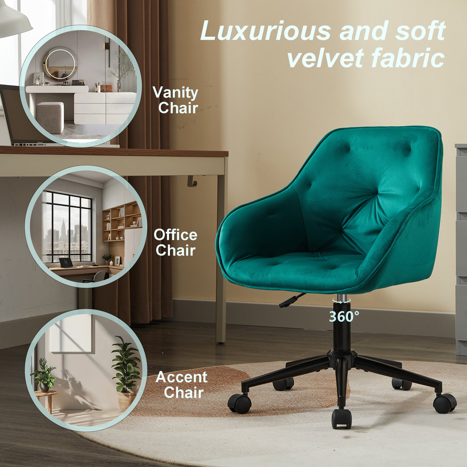 Elegent Velvet Office Chair With Wheels, Makeup Vanity Chair Height Adjustable For Teens Women Girls, Comfy Swivel Modern Leisure Armchair For Home Office, Bedroom, Study And Vanity. Green Green Primary Living Space Luxury,Modern Foam Iron