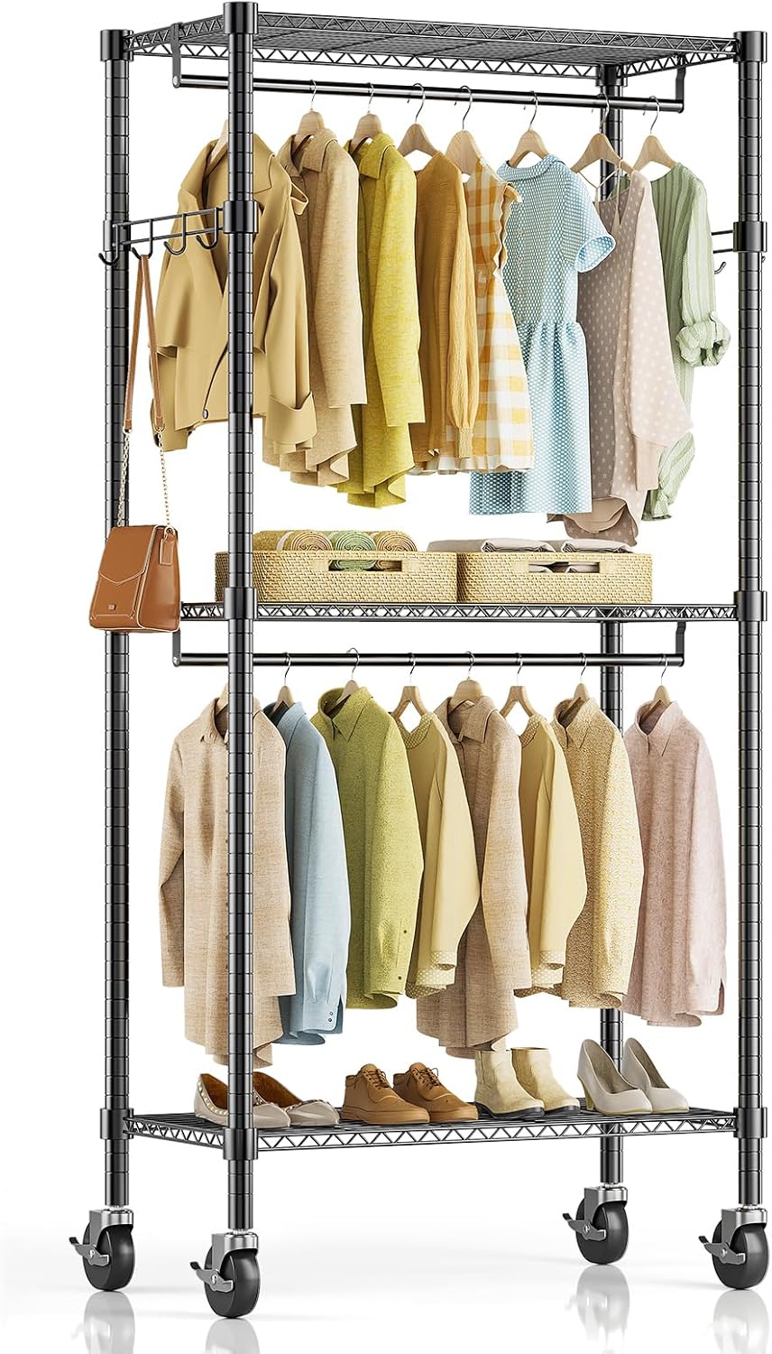 Rolling Clothes Rack, Heavy Duty Clothing Rack, 3 Shelf Portable Adjustable Wardrobe Closet With Wheels, Hanging Rods & Side Hooks, 29.5" W X 15.7" D X 75.6" H, Black Black Steel
