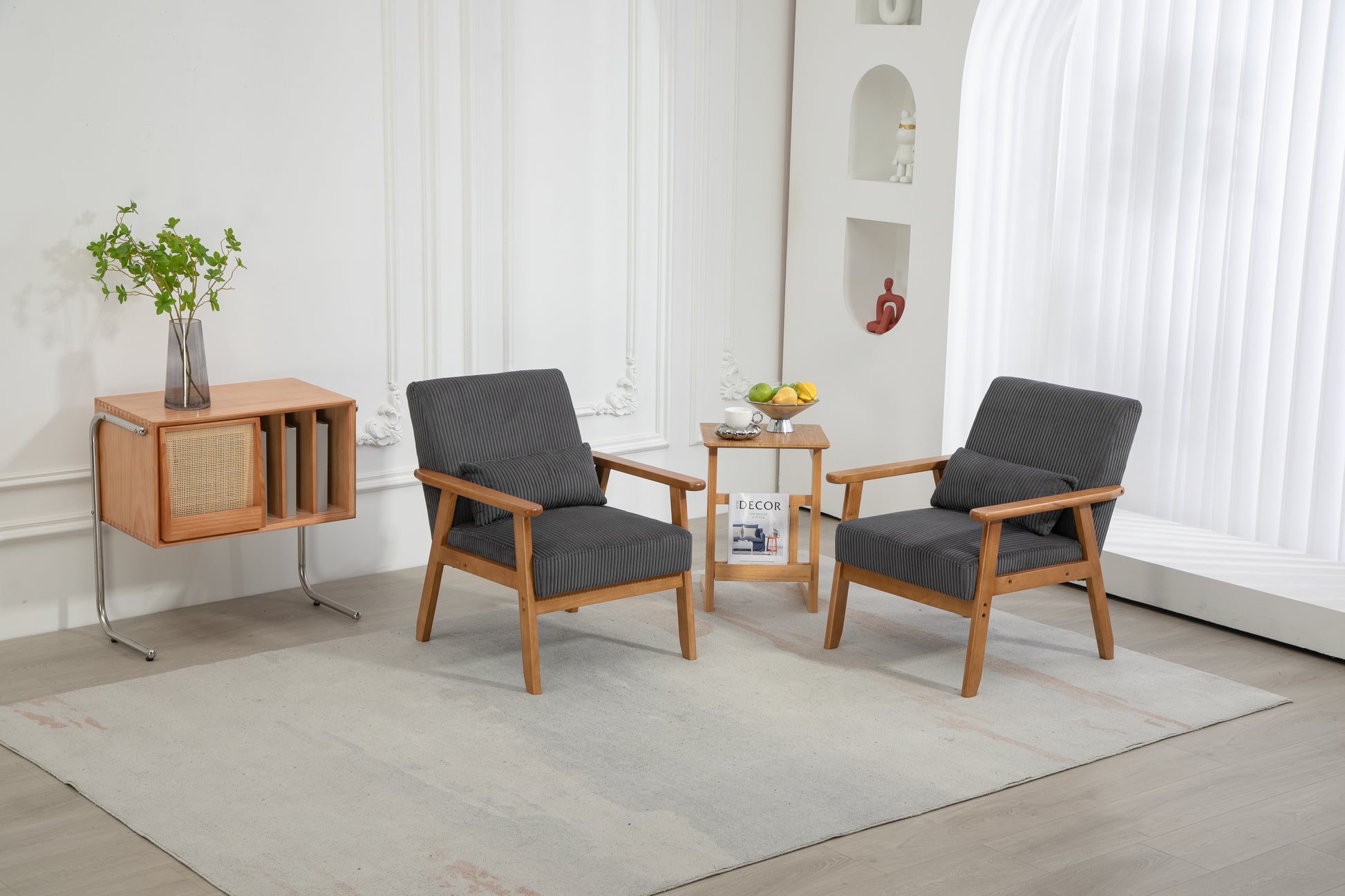 Leisure Chair With Solid Wood Armrest And Feet, Leisure Chair, Wood Frame, Velvet, L, Solid Rubber Wood Legs, Mid Century Modern Accent Chair, For Living Room Bedroom Studio Chair,Two Packs Dark Gray Corduroy