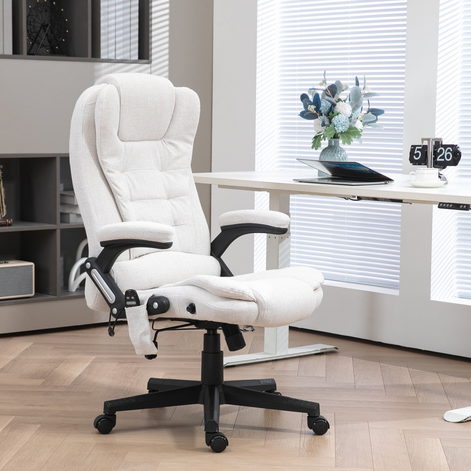 Homcom 6 Point Vibrating Massage Office Chair With Heat, Linen High Back Executive Office Chair With Reclining Backrest, Padded Armrests And Remote, Cream White Cream White Polyester