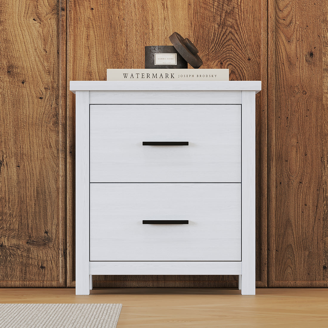 Vintage Two Drawer Wooden Nightstand, Simple And Generous, Large Storage Space,White White Particle Board Mdf