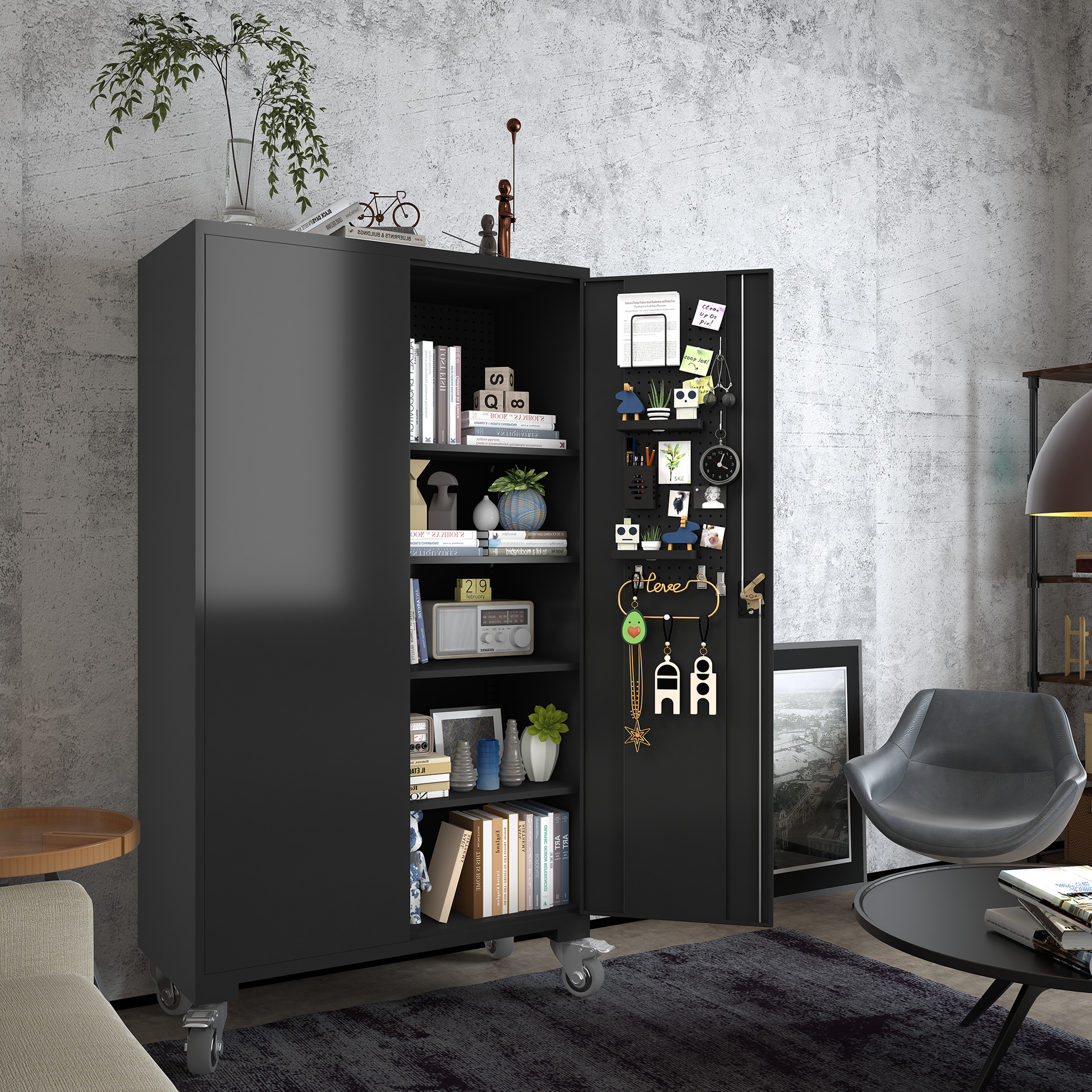 Upgraded Wide 39.37 Inch & Depth 19.69 Inch Metal Storage Cabinet 72 Inch Black Lockable Garage Cabinet With Wheels Heavy Duty Steel Cabinet With Doors & 4 Adjustable Shelves For Home, Office Black