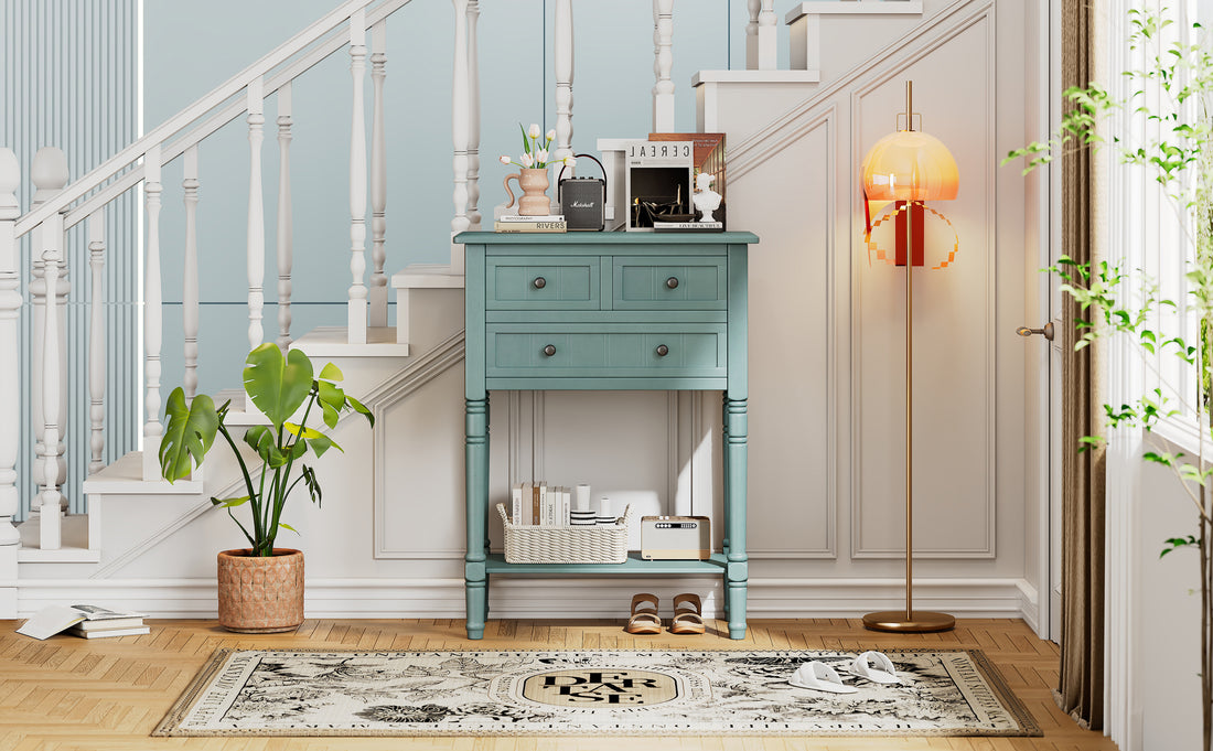 Narrow Console Table, Slim Sofa Table With Three Storage Drawers And Bottom Shelf Light Blue Light Blue Solid Wood Mdf