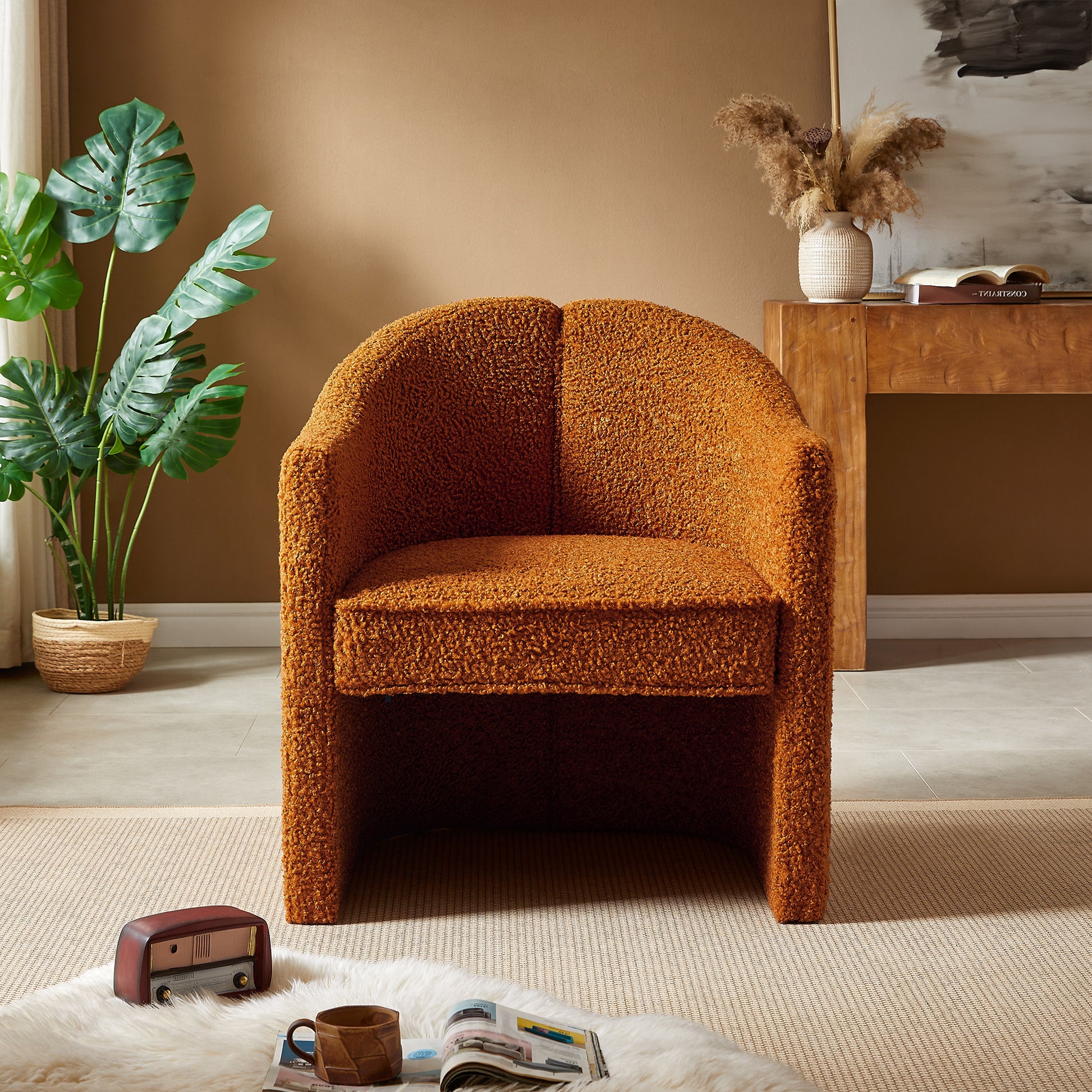 Mirod Stylish Curved Design, Comforting Embrace, Versatile Aesthetic, Dual Purpose Decorative Accent Chair, For Living Room,Bedroom And Study Caramel Boucle