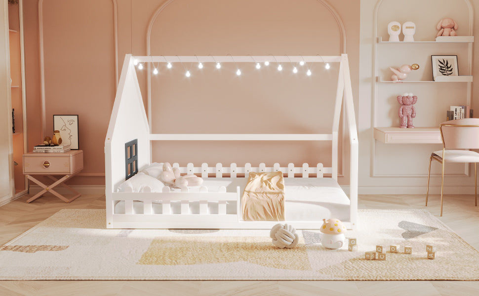 Full Size Wood House Bed With Window And Fence, White Old Sku: Wf304147Aak Box Spring Not Required Full White Wood Bedroom Pine Bed Frame Solid Wood Mdf