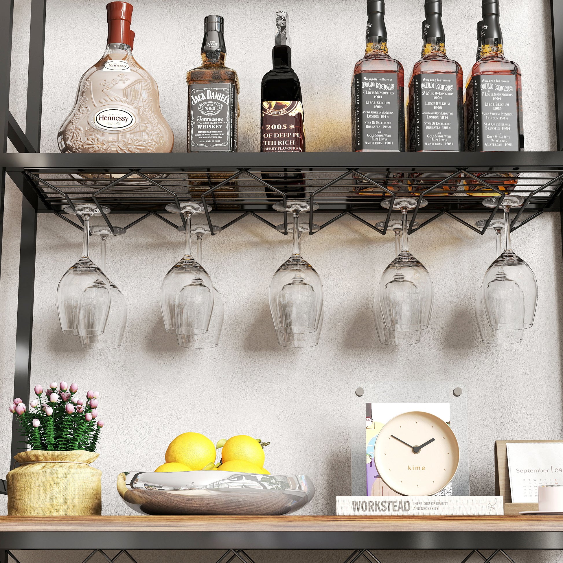 Industrial Wine Rack Bar Table, 3 Tier Liquor Bottle And Glass Holder With Storage Shelves, Metal And Wood Wine Organizer For Home Kitchen, Dining Room, And Living Room Black Brown Kitchen American