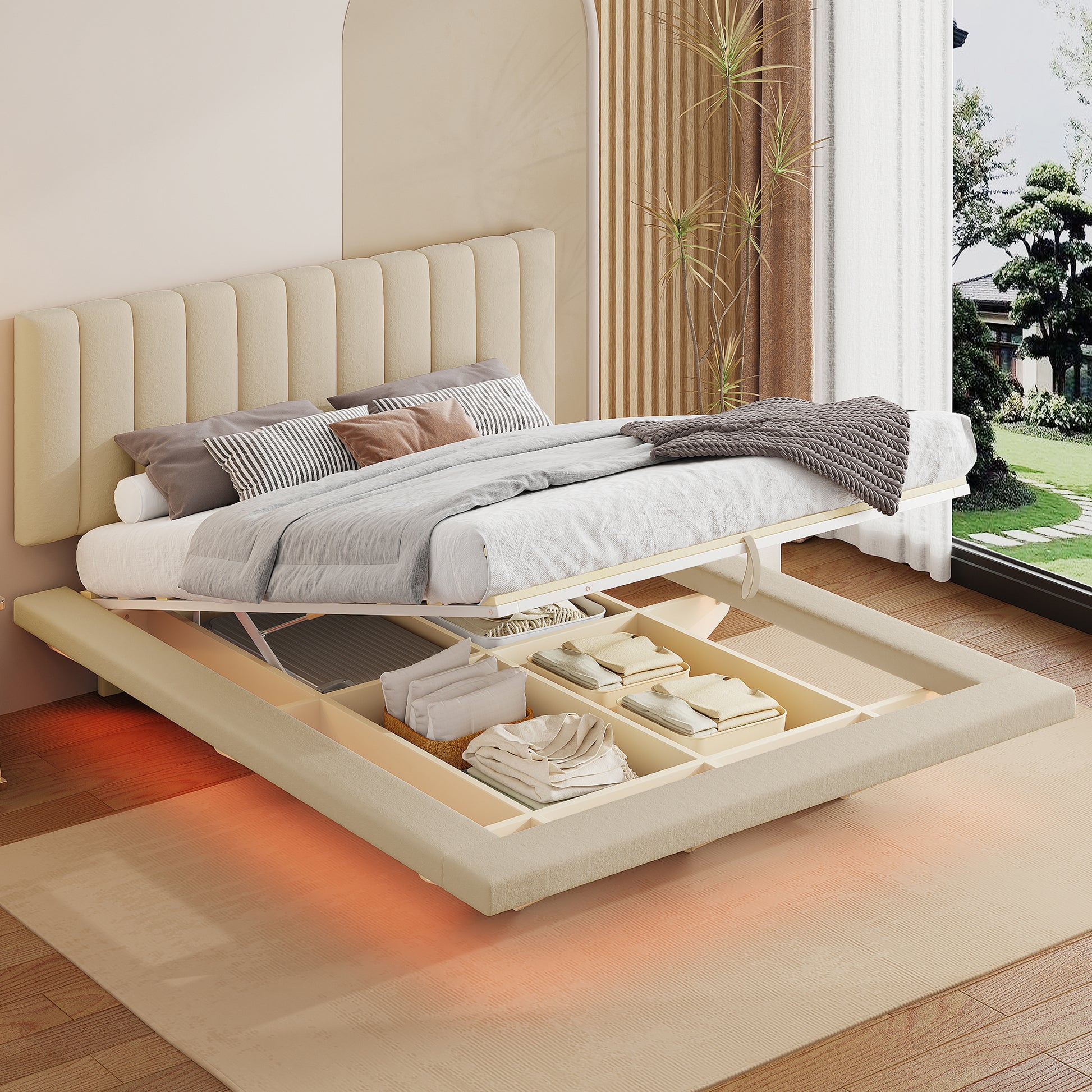 Queen Size Upholstered Floating Bed With Led Light And Usb Port, Velvet, Beige, Hydrualic Platform Bed Queen Beige Velvet