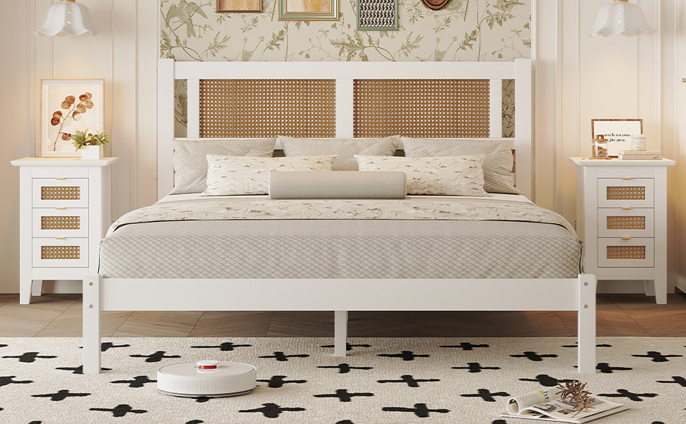 3 Pieces Bedroom Sets Queen Size Wooden Platform Bed With Natural Rattan Headboard, Nightstands Set Of 2 With Rattan Woven Surfaces And Three Drawers For Bedroom, White White Particle Board
