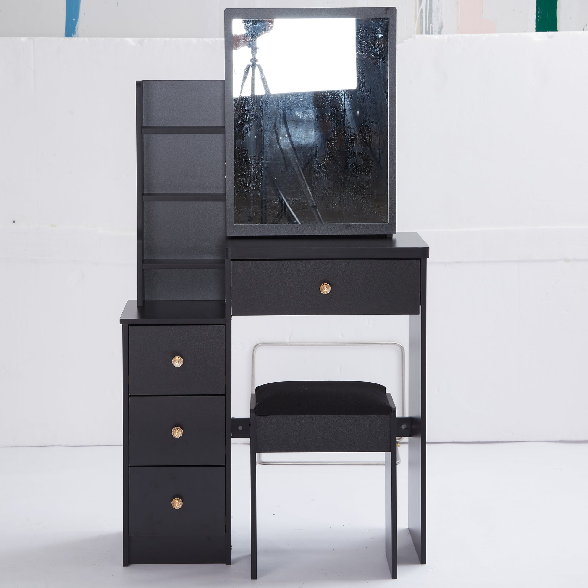 Small Size Left Bedside Cabinet Vanity Table Cushioned Stool, Extra Large Sliding Mirror, Multi Layer, High Capacity Storage Fashionable Dresser, Suitable For Small Space, Epa,Gcc,Ul Certificate