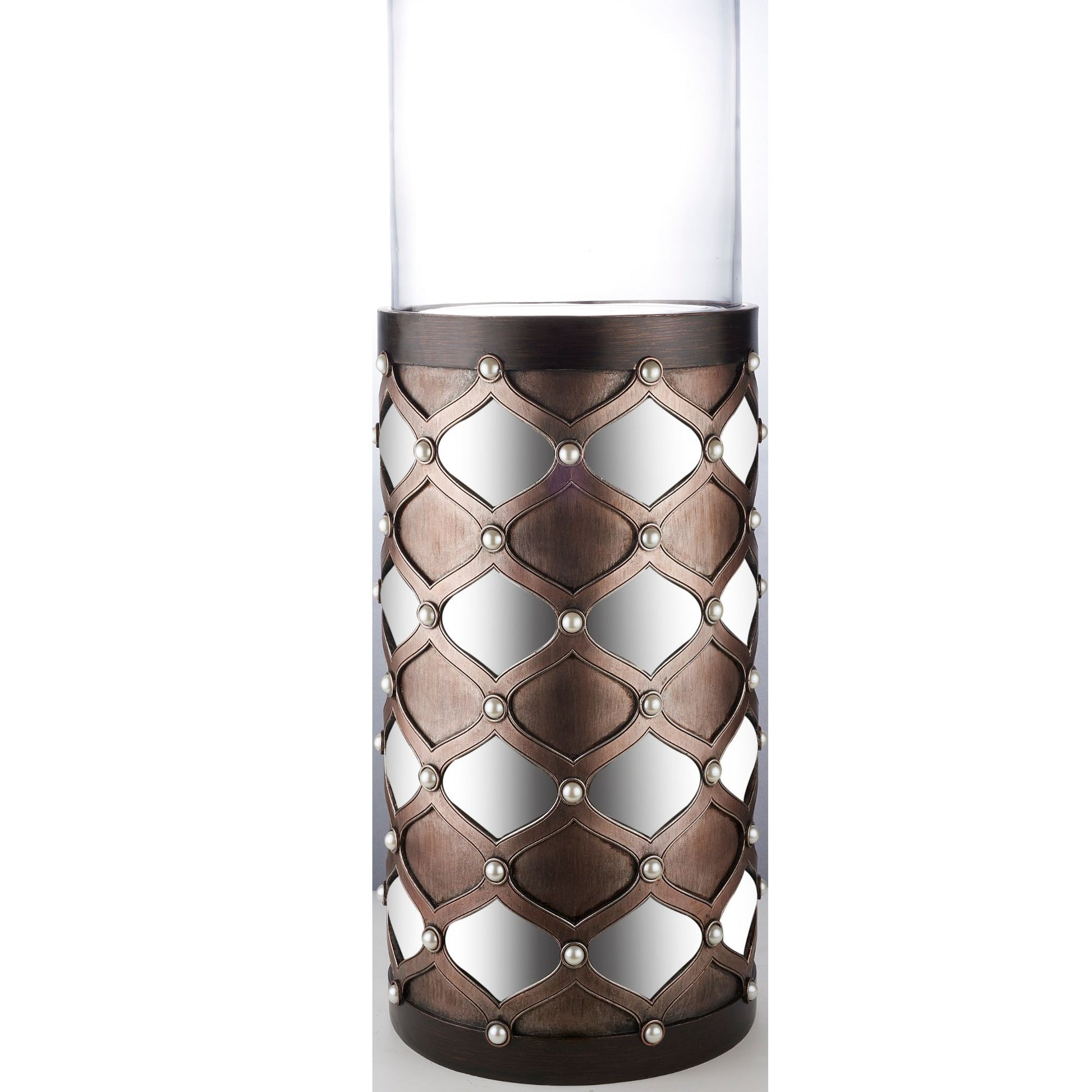 31" Tall Candleholder With Hurricane Glass, Arabesque Mirror Design Brown Polyresin