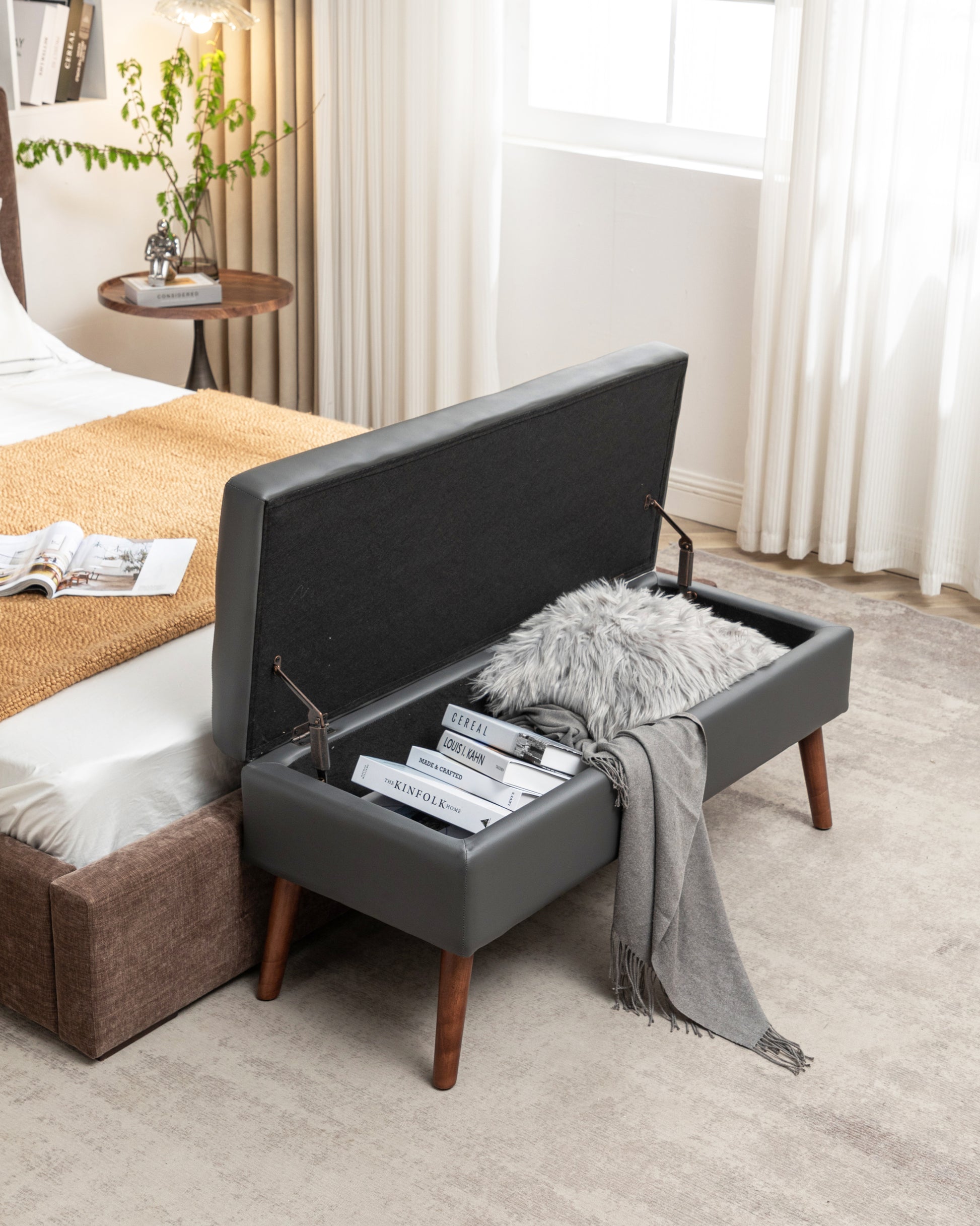 Storage Bench With Storage Bench For Bedroom End Of Bed Bench Foot Of Bed Bench Entryway Bench Storage Ottoman Bench 43.3" W X 17.7" Dark Grey Leather Bench Dark Grey Pu Leather