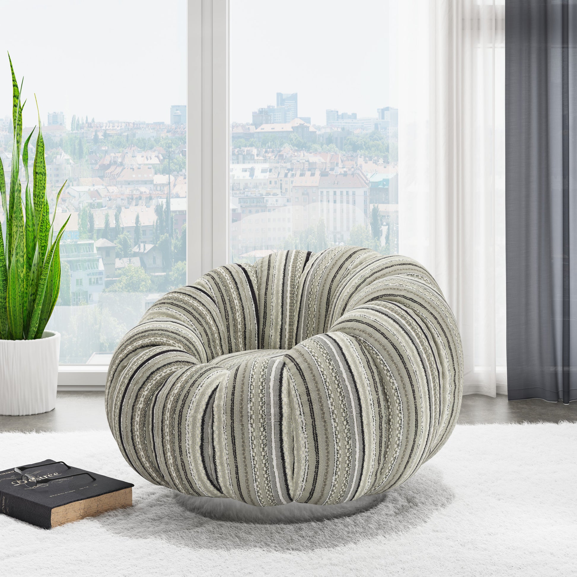 Lillie Black Stripe Pumpkin Swivel Accent Chair Black Primary Living Space Transitional Foam Solid Wood