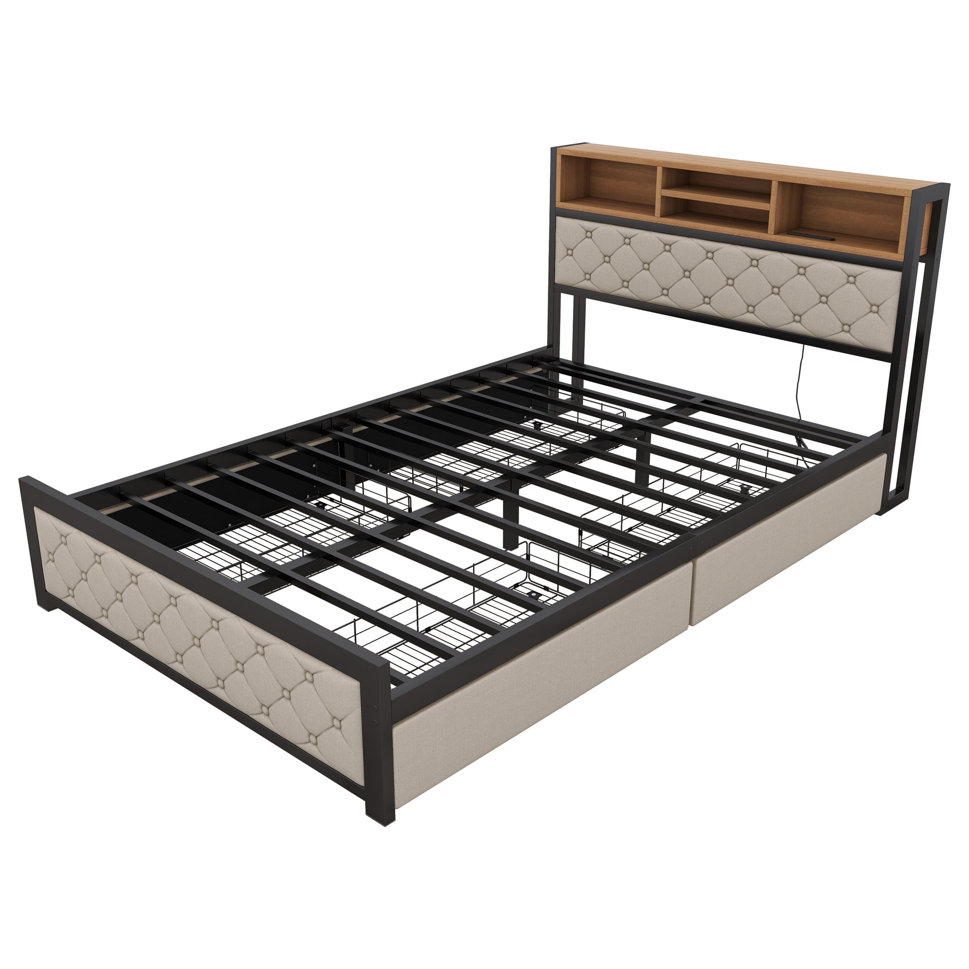 Metal Full Size Platform Bed With 4 Drawers, Upholstered Headboard And Footboard, Sockets And Usb Ports, Beige Full Beige Black Fabric Metal