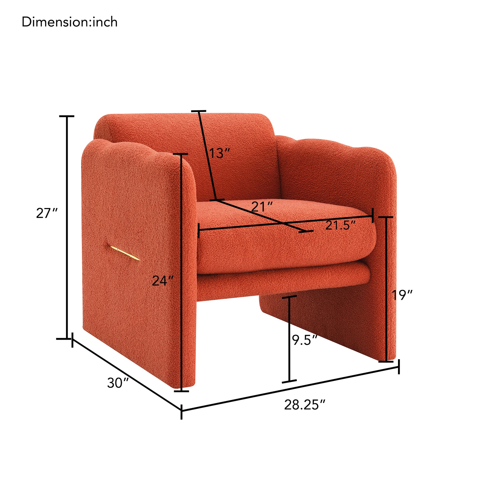 Arm Chair With Waved Arms, Metal Decoration On Both Side Arms, Accent Chair For Primary Living Space, Living Room, Bedroom, Teddy Fabric, Orange Orange Primary Living Space Modern Foam Plywood