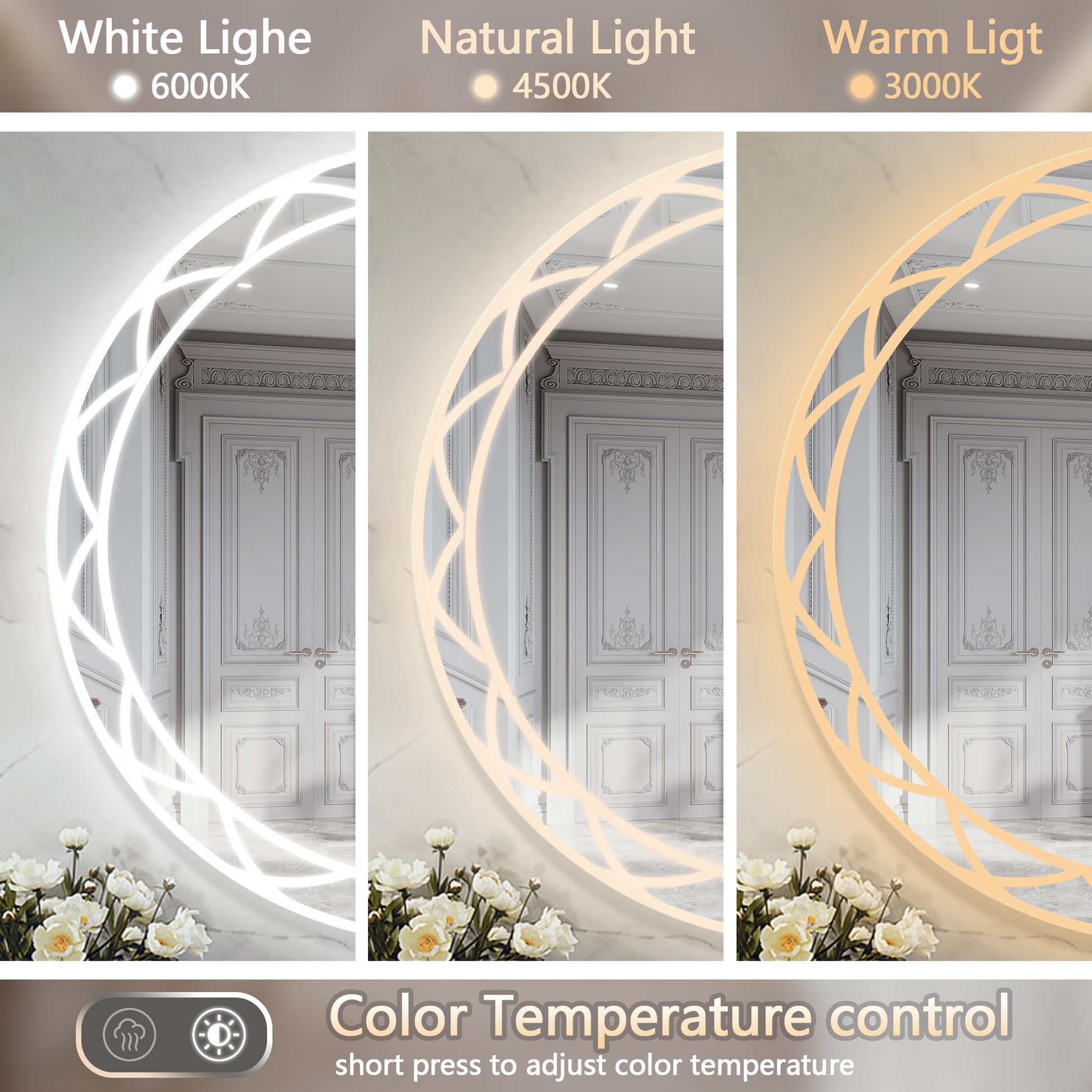 36" Round Led Bathroom Mirror Adjustable Color Temperatures And Anti Fog, Wall Mounted Design White Black Aluminium,Tempered Glass