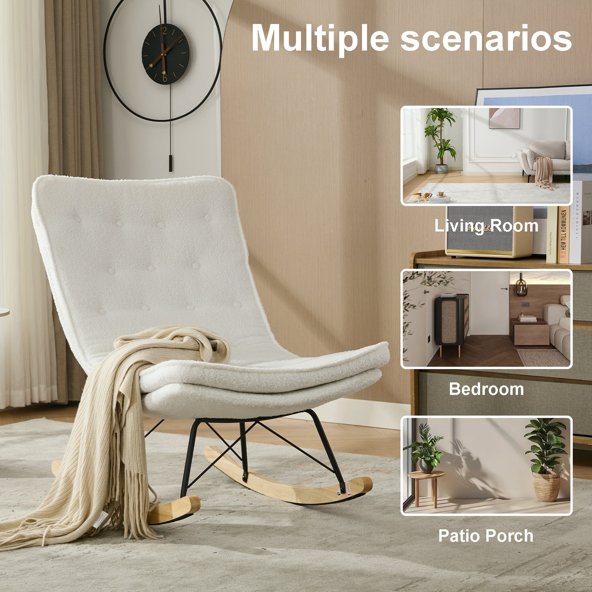 Lazy Rocking Chair,Comfortable Lounge Chair With Wide Backrest And Seat Wood Base, Upholstered Armless Rocker Chair For Living Room, Balcony,Bedroom And Patio Porch. White Cushion Iron White Primary Living Space Sponge Square Casual Rocking Chairs